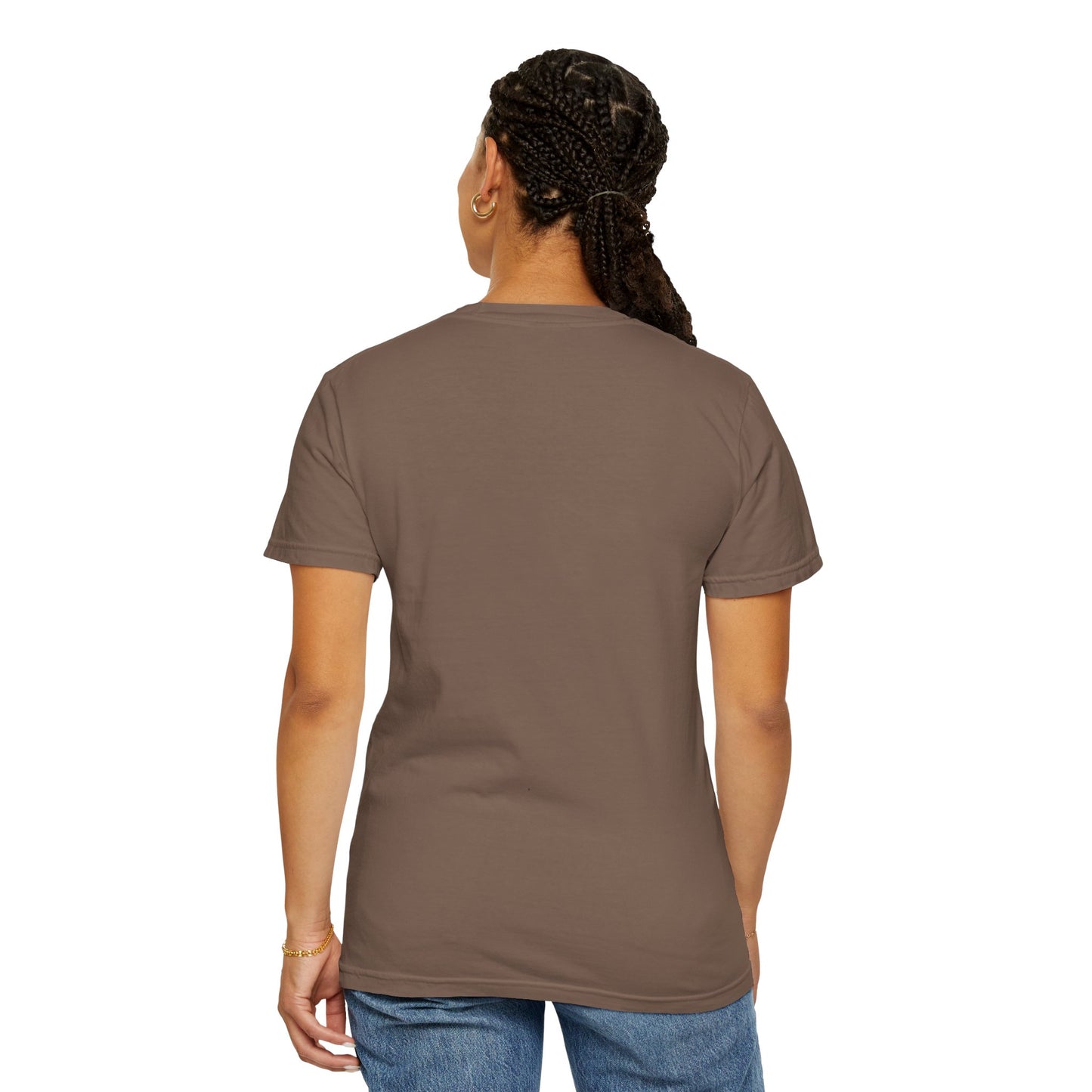 Person wearing a brown t-shirt on a white background