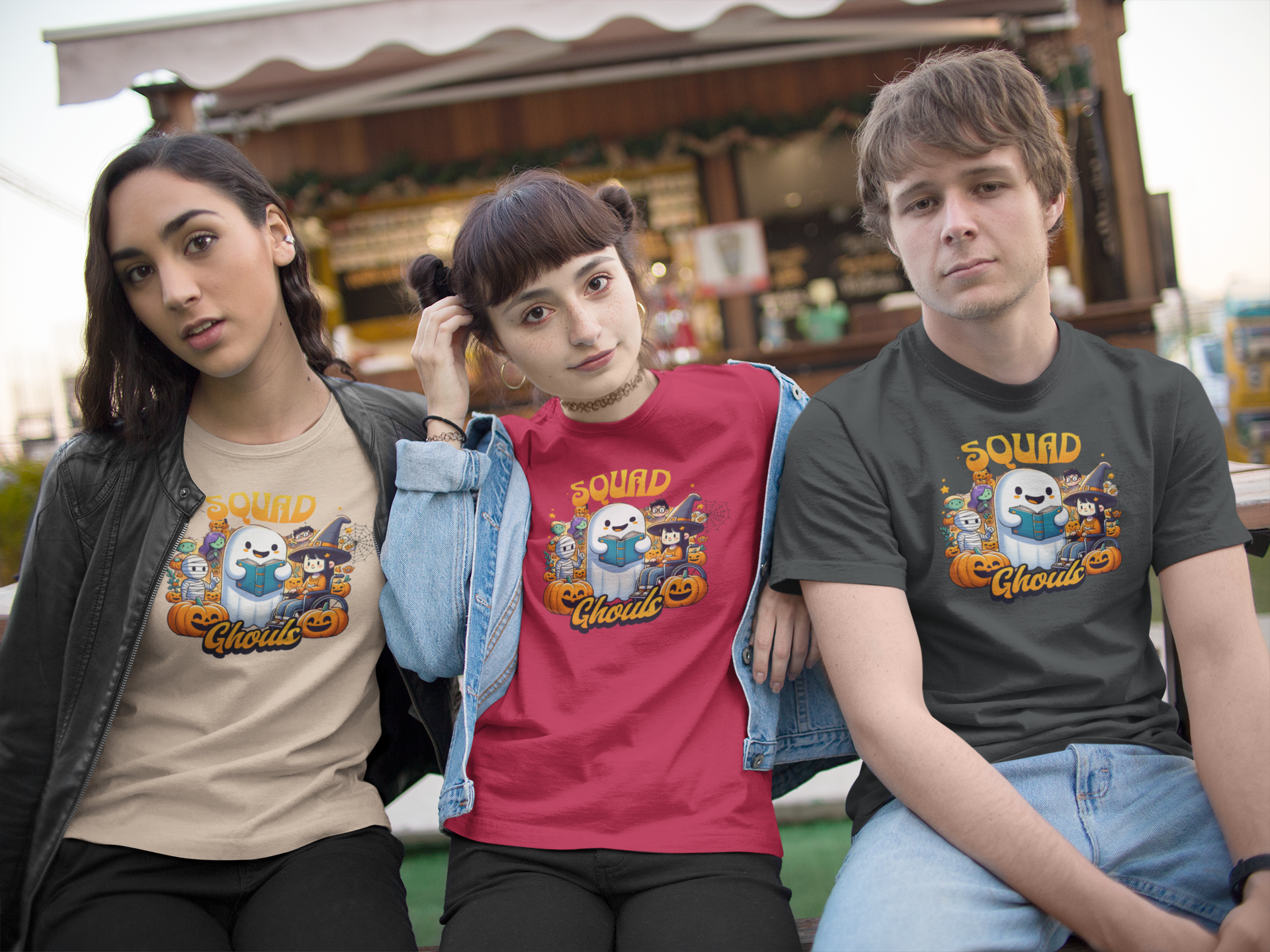 Three people wearing t-shirts with cartoon ghost designs with text squad ghouls in a casual setting.