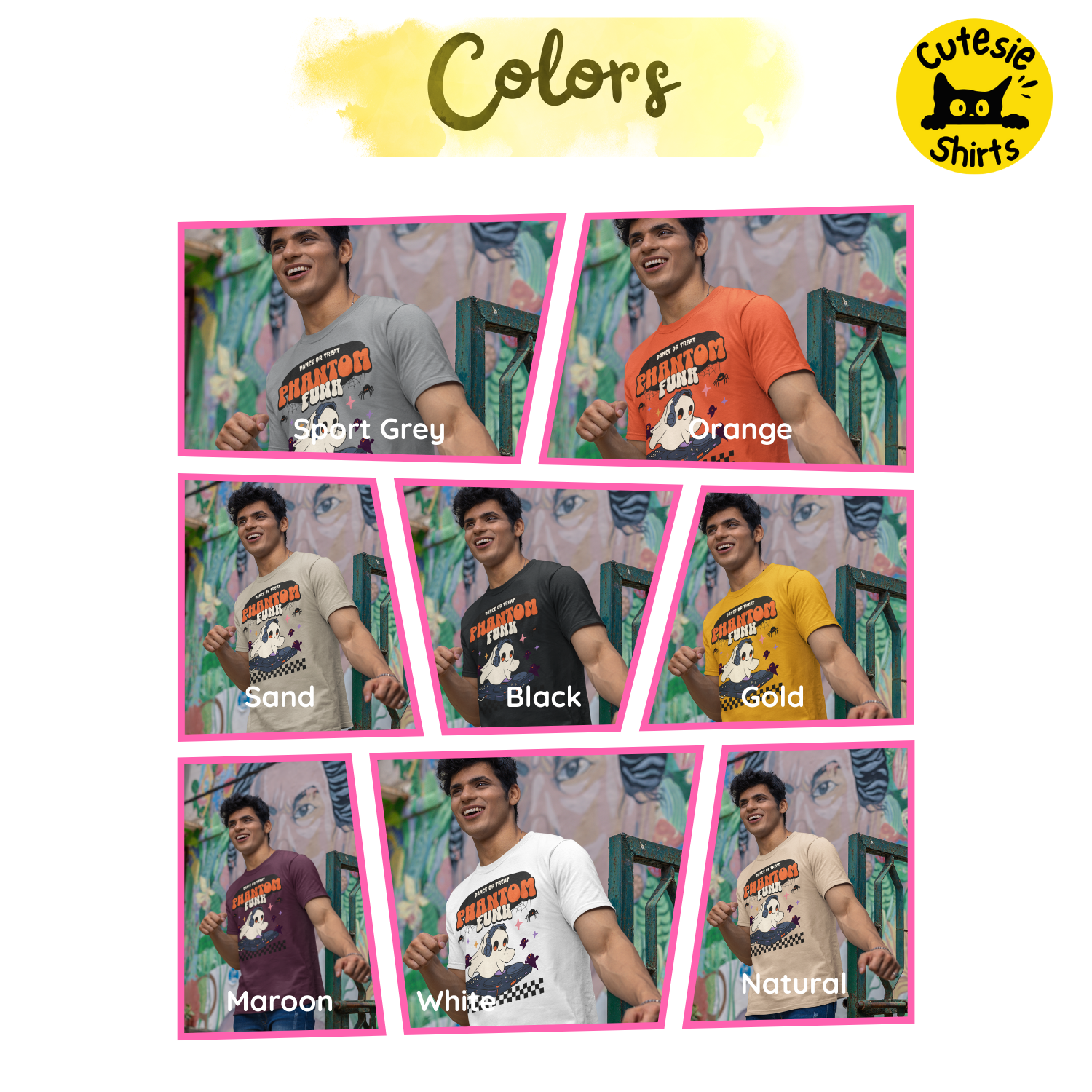 Collage of a person wearing t-shirts in various colors with 'Cutesie Shirts' branding.