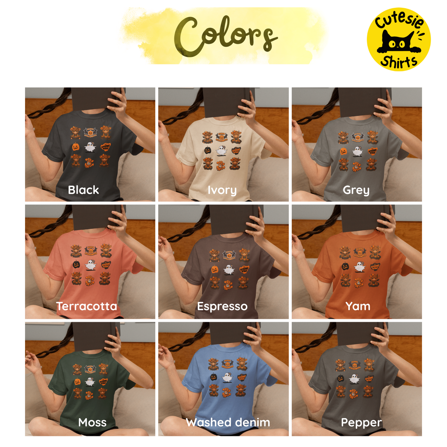 Collage of t-shirts in various colors with a 'Cutesie Shirts' logo.