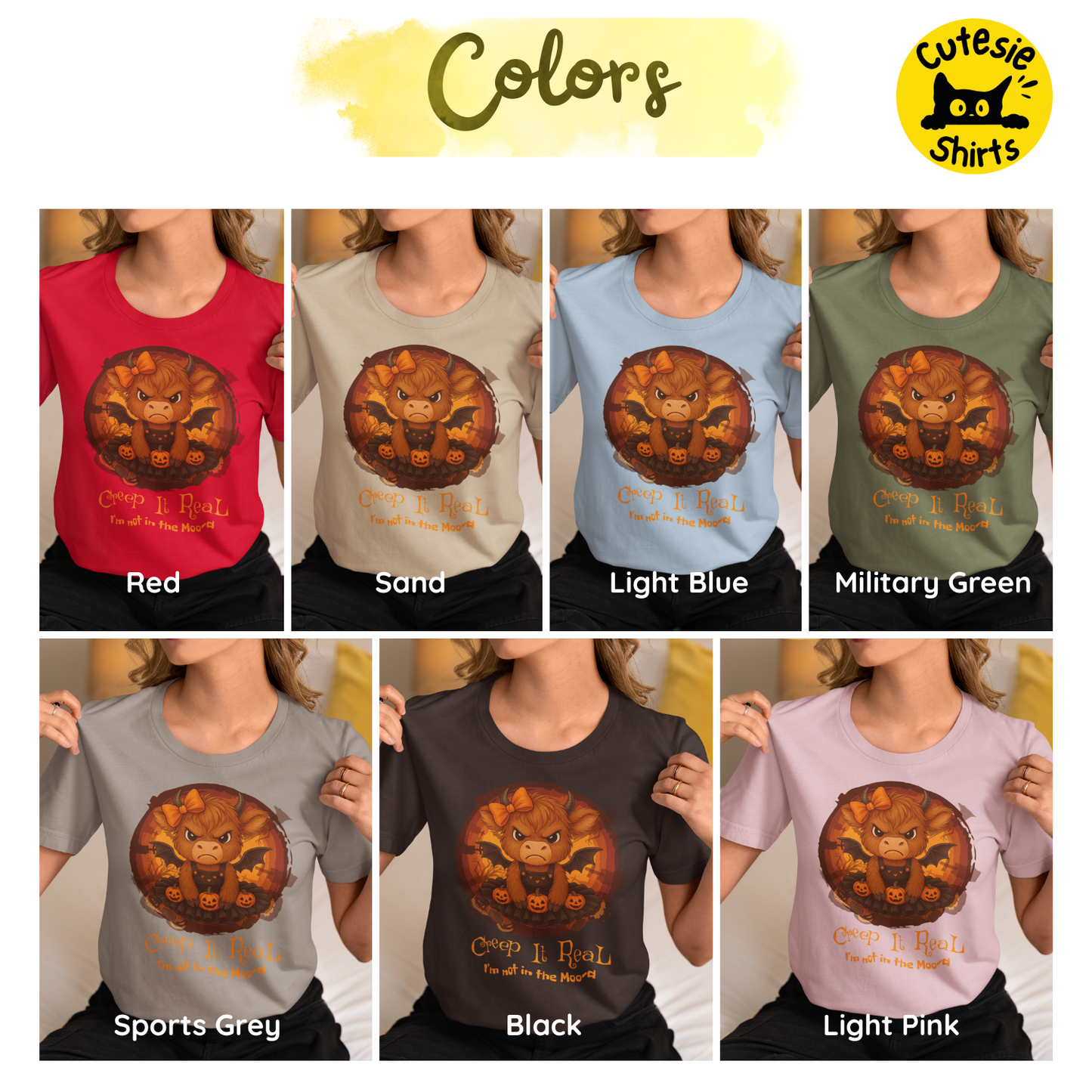 Collage of people wearing t-shirts with a lion design and text, in various colors.