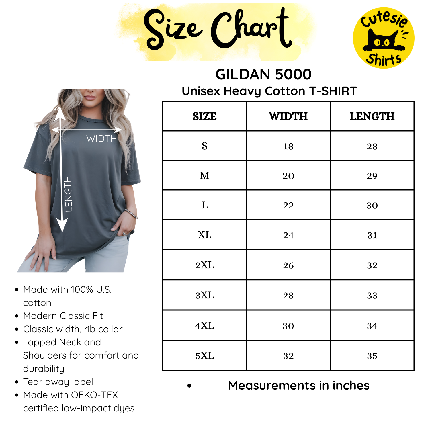 Size chart for GILDAN 5000 Unisex Heavy Cotton T-Shirt with a woman wearing a t-shirt.