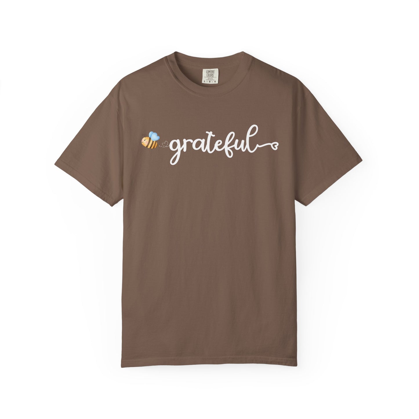 Brown t-shirt with 'grateful' text and bee graphic on a white background