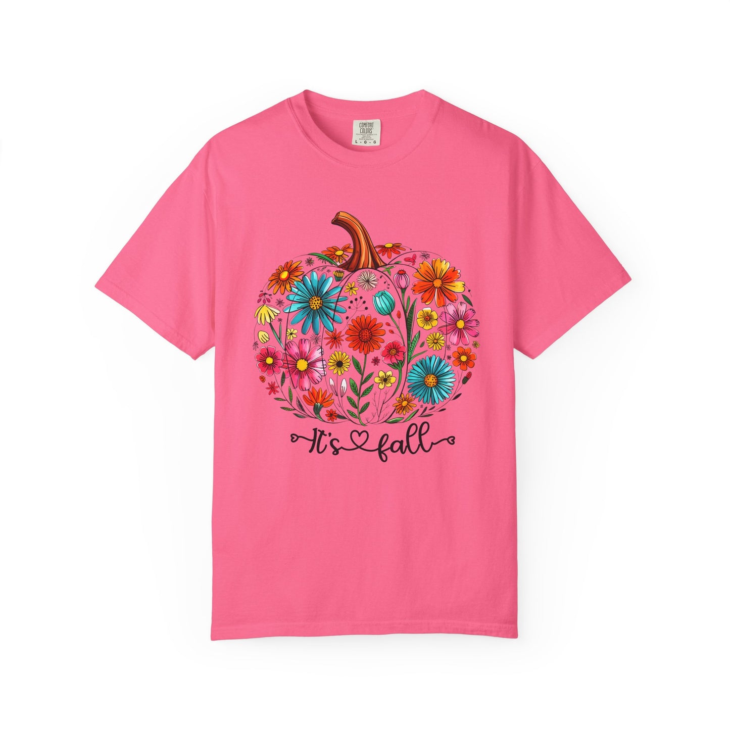 Pink t-shirt with a floral pumpkin design and 'It's Fall' text on a white background
