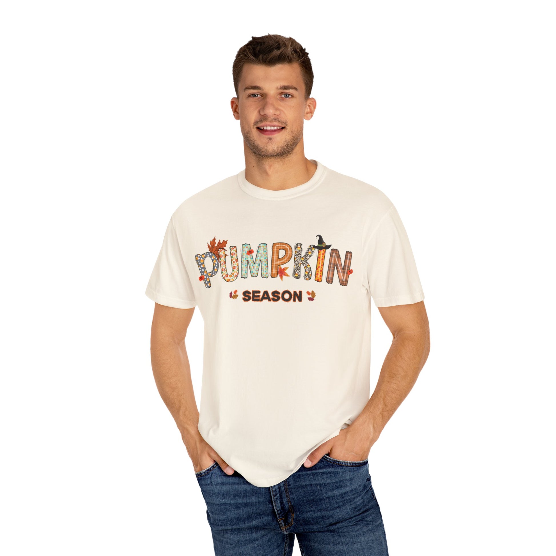 Man wearing a white t-shirt with 'Pumpkin Season' text on a white background
