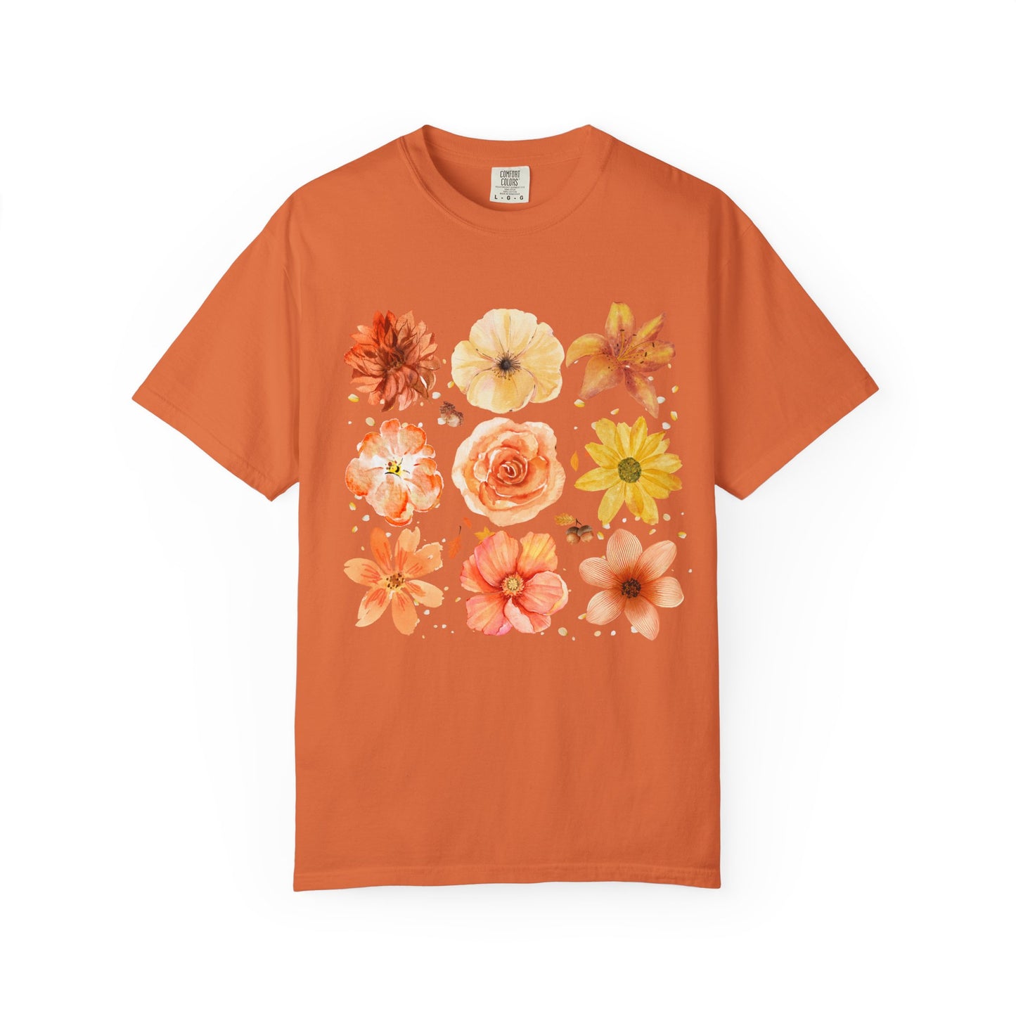 Orange t-shirt with floral design on a white background