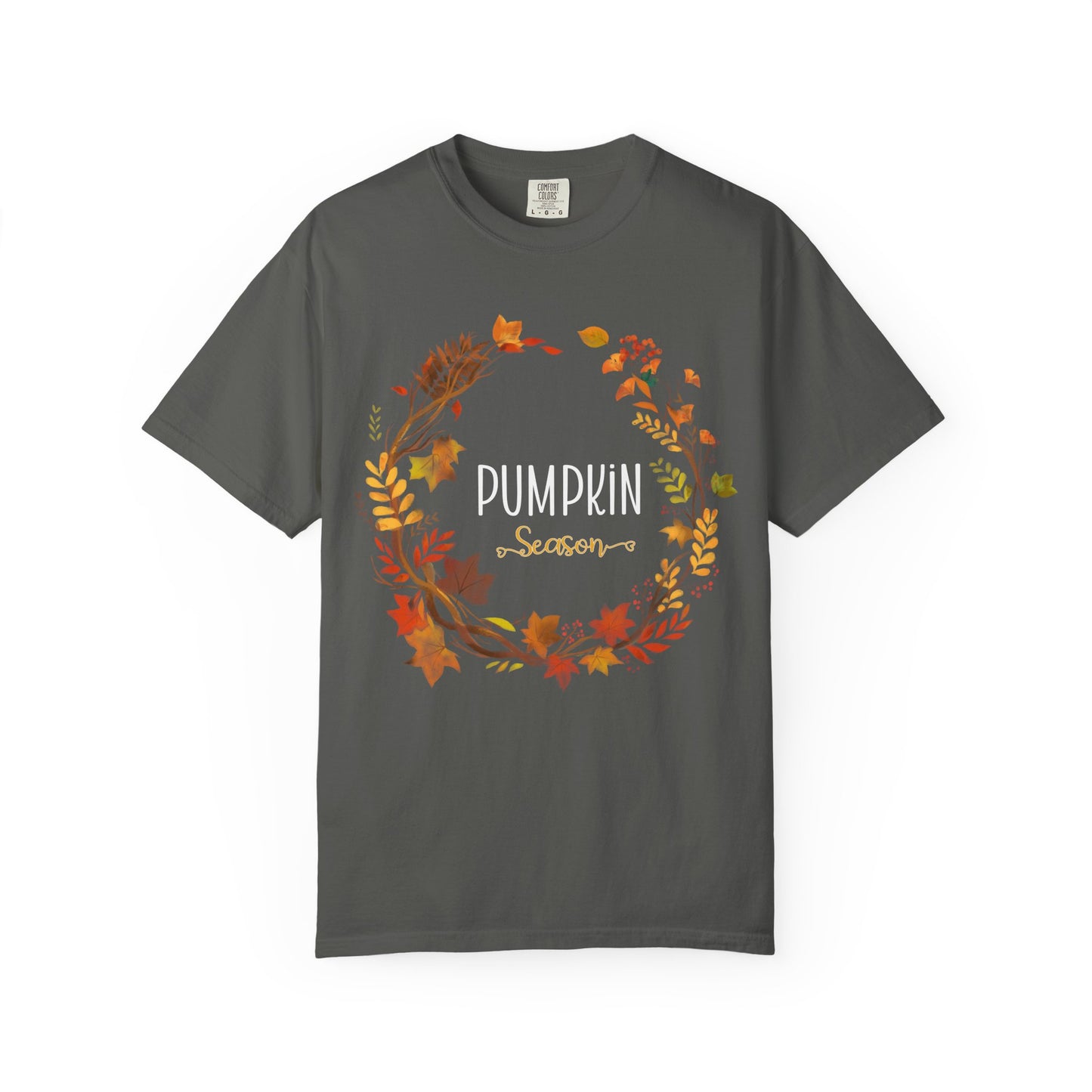 Gray t-shirt with 'Pumpkin Season' design featuring autumn leaves on a white background