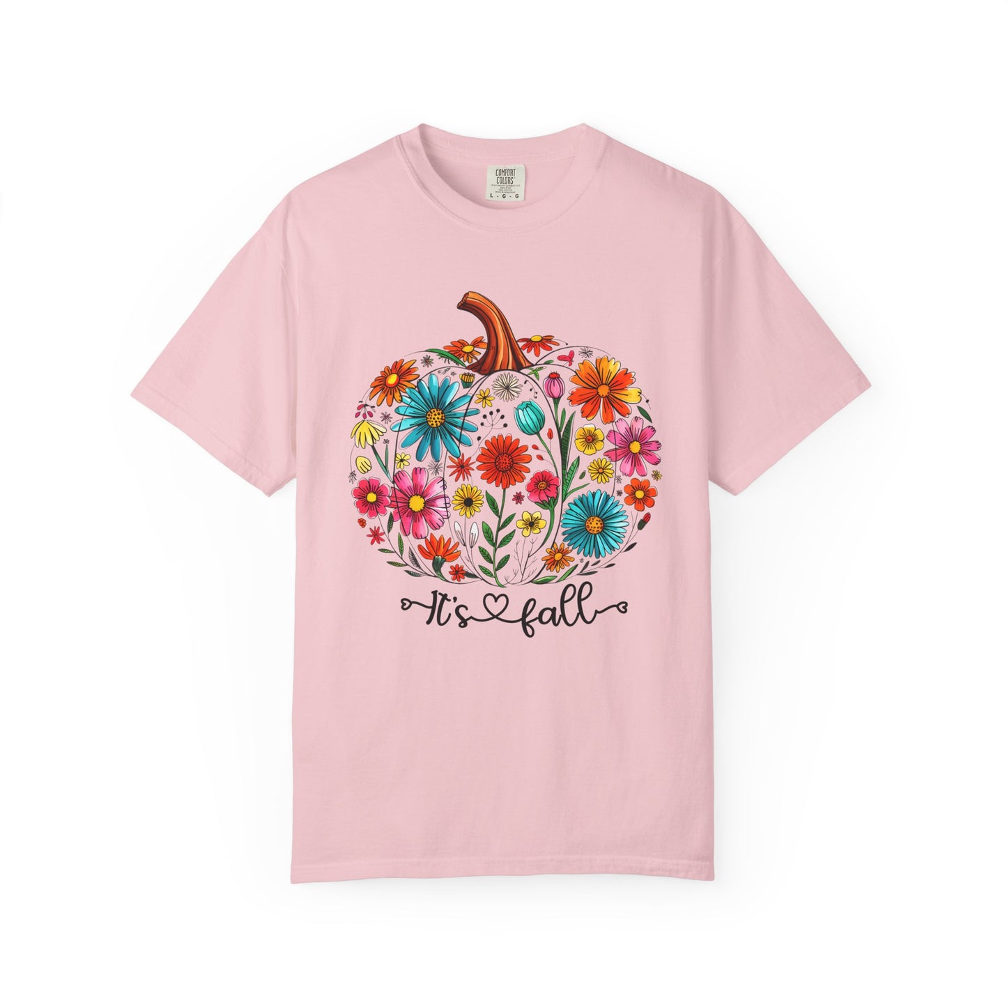 Pink t-shirt with a floral pumpkin design and 'It's fall' text on a white background