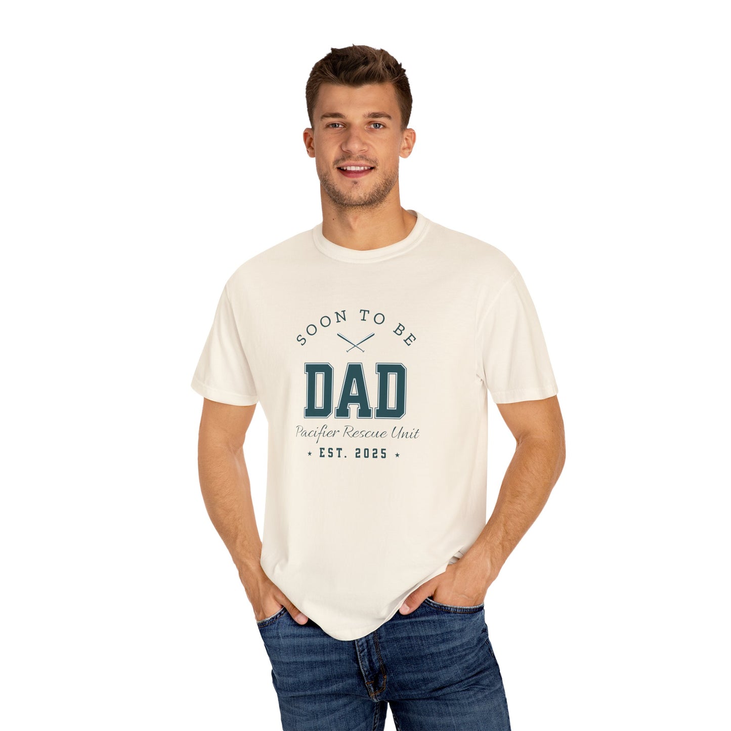 Man wearing a white t-shirt with 'Soon to be Dad' text on a white background