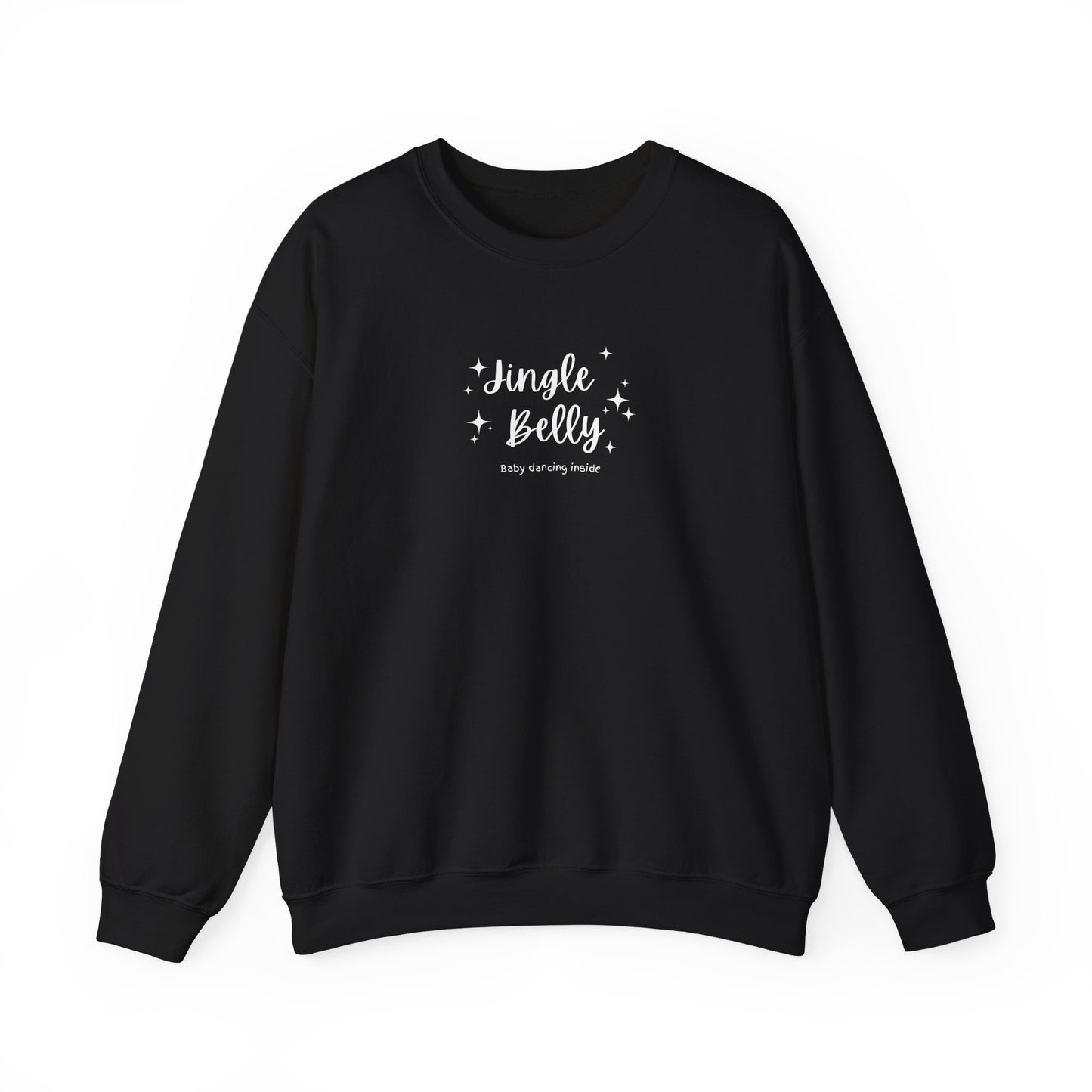 Black sweatshirt with 'Jingle Belly' text on a white background
