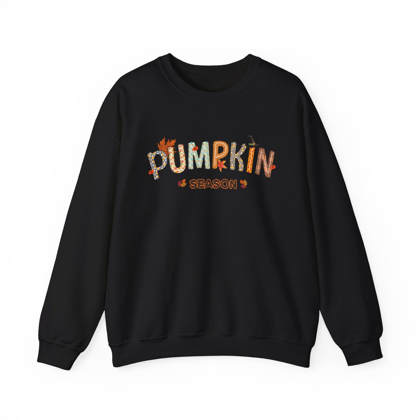 Black sweatshirt with 'Pumpkin Season' text on a white background