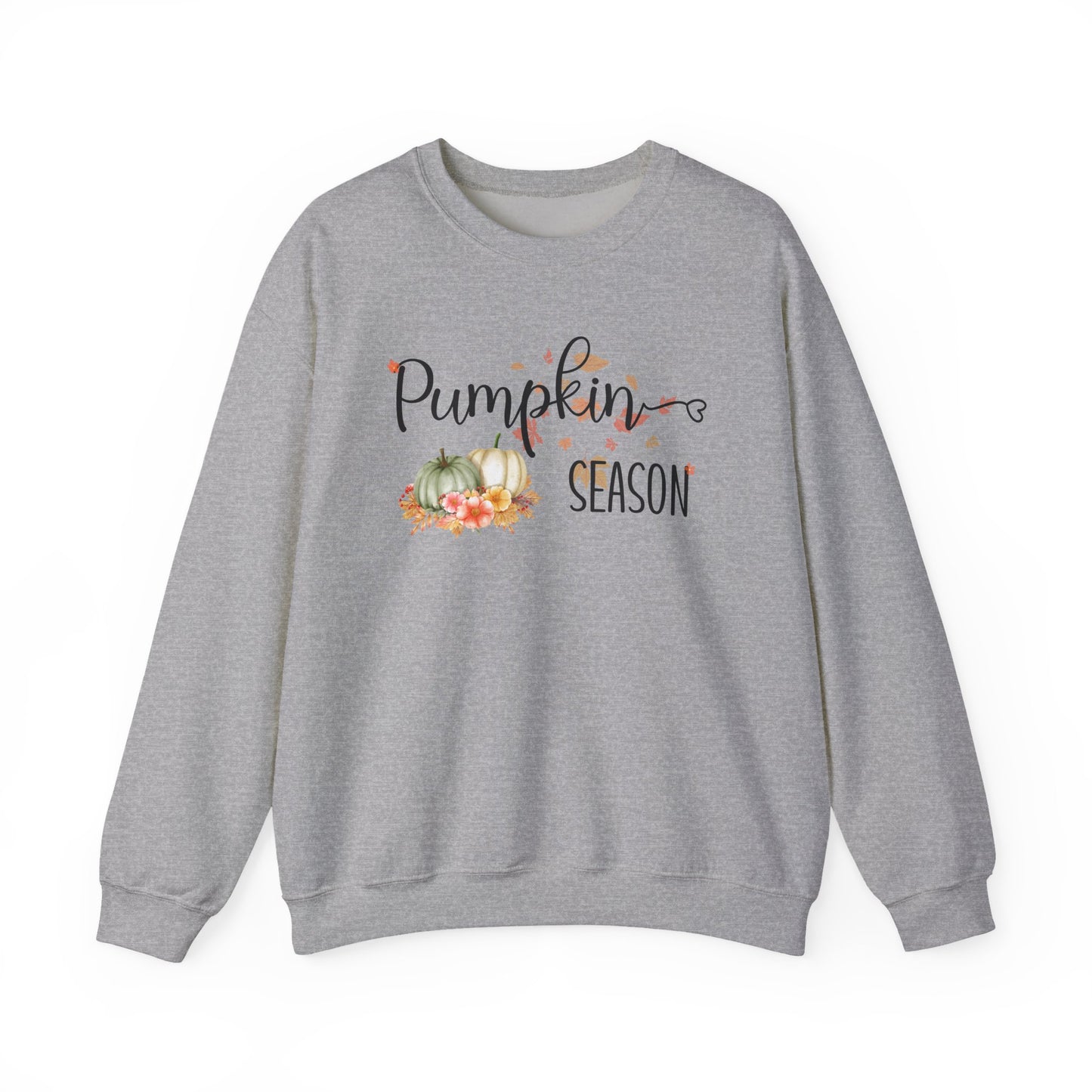 Gray sweatshirt with 'Pumpkin Season' text and pumpkin graphics on a white background