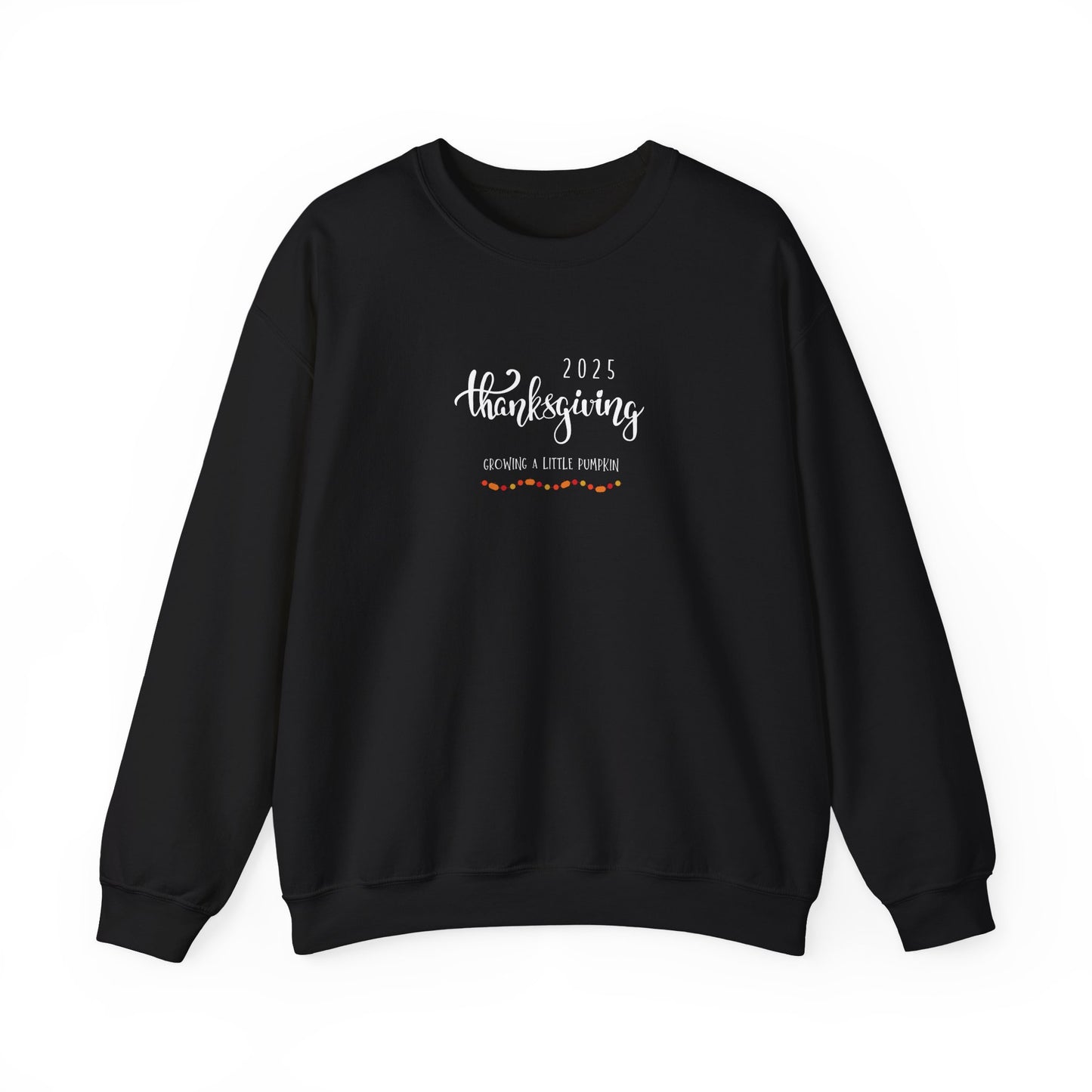 Black sweatshirt with '2025 Thanksgiving' text on a white background