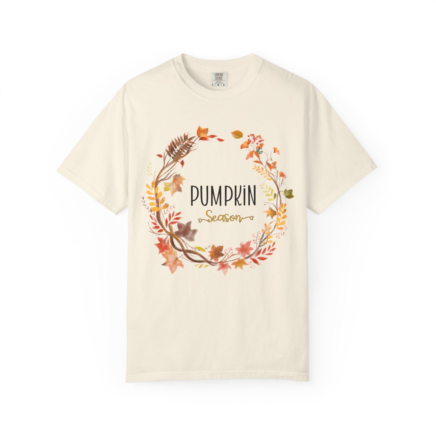 Beige t-shirt with 'Pumpkin Season' design on a white background