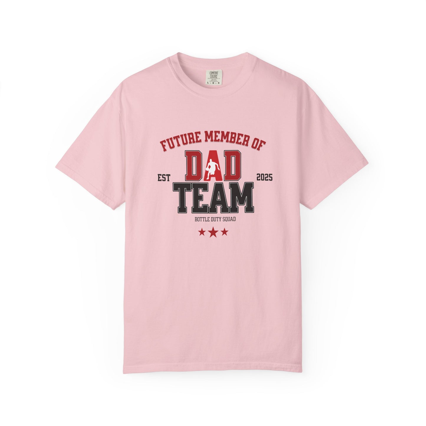 Pink t-shirt with 'Future Member of Dad Team' text and graphics on a white background