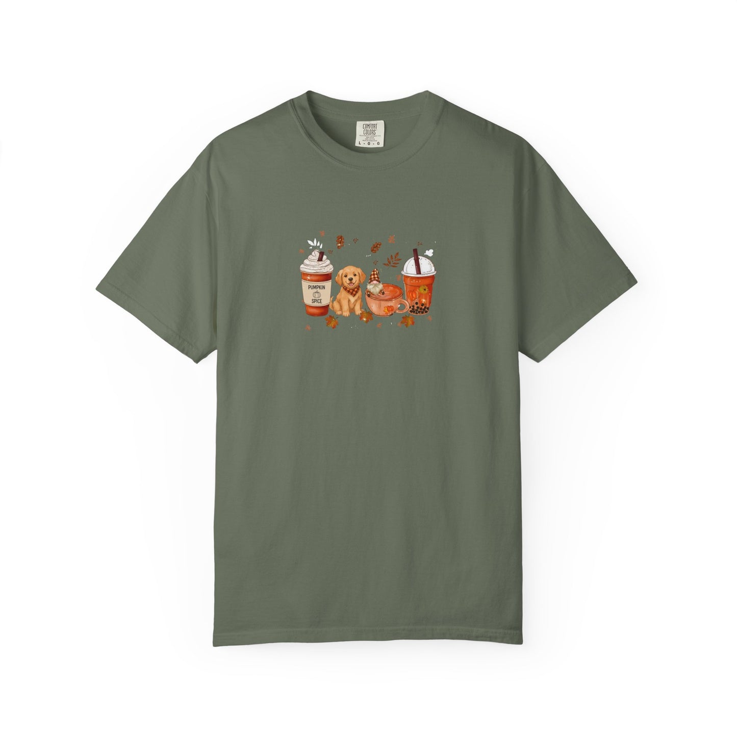 Green t-shirt with a graphic of a dog and coffee cups on a white background