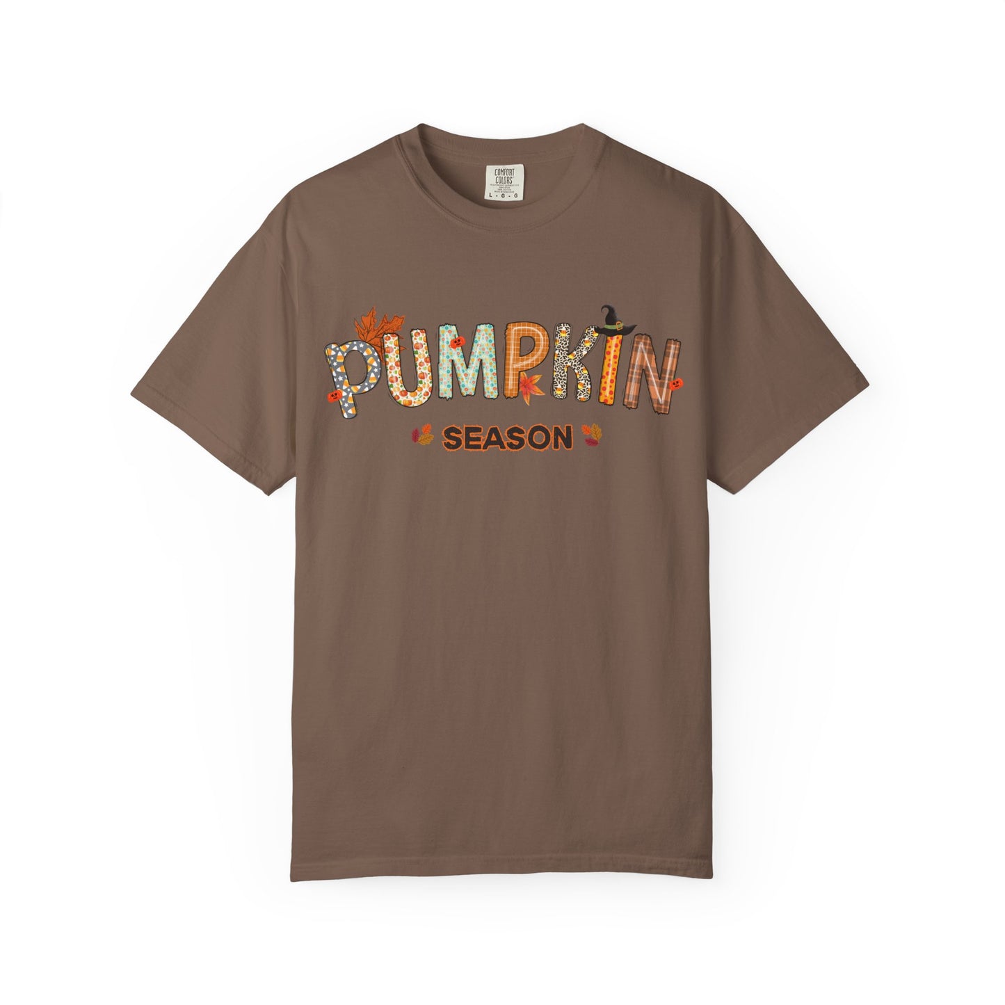 Brown t-shirt with 'PUMPKIN SEASON' text on a white background