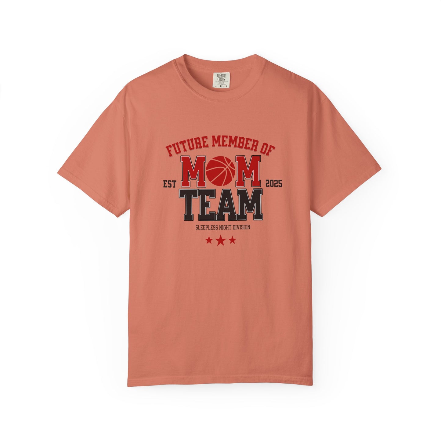 Coral t-shirt with 'Future Member of Mom Team' text and graphics on a white background