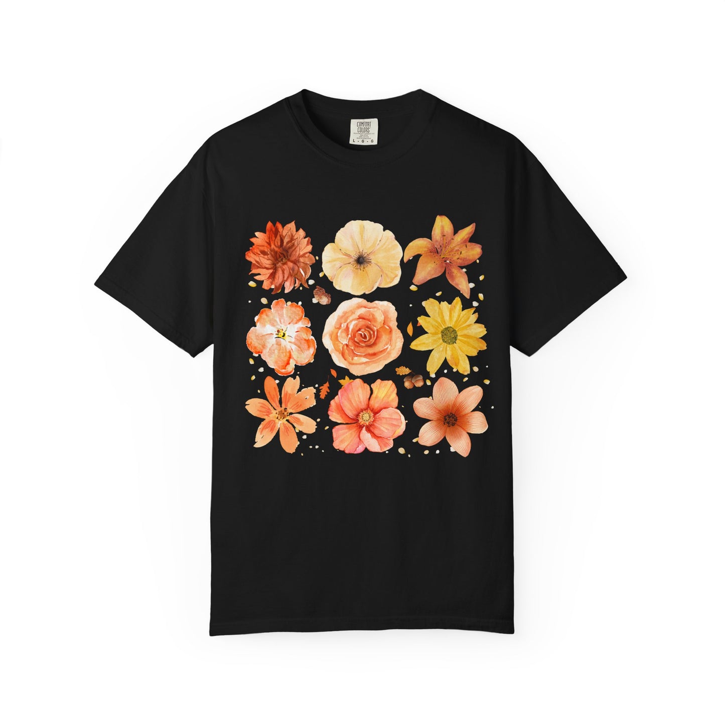 Black t-shirt with colorful floral design on a white background