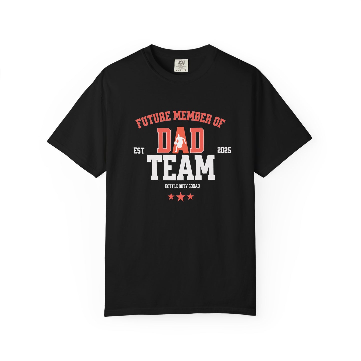 Black t-shirt with 'Future Member of Dad Team' text and graphics on a white background