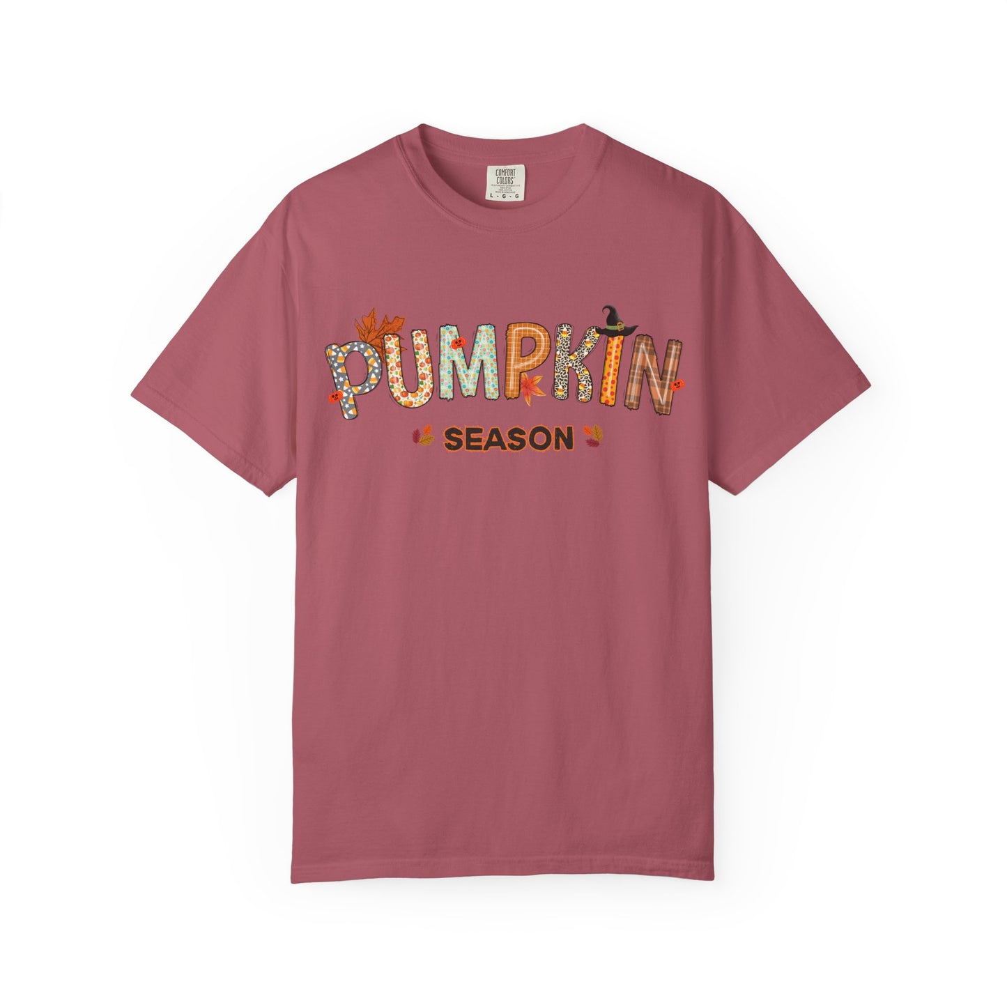 Pink t-shirt with 'Pumpkin Season' text on a white background