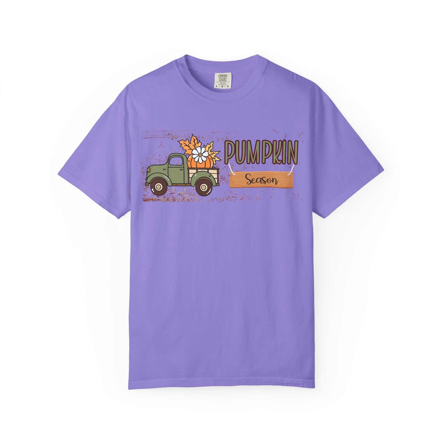 Purple t-shirt with a graphic of a truck and 'Pumpkin Season' text on a white background
