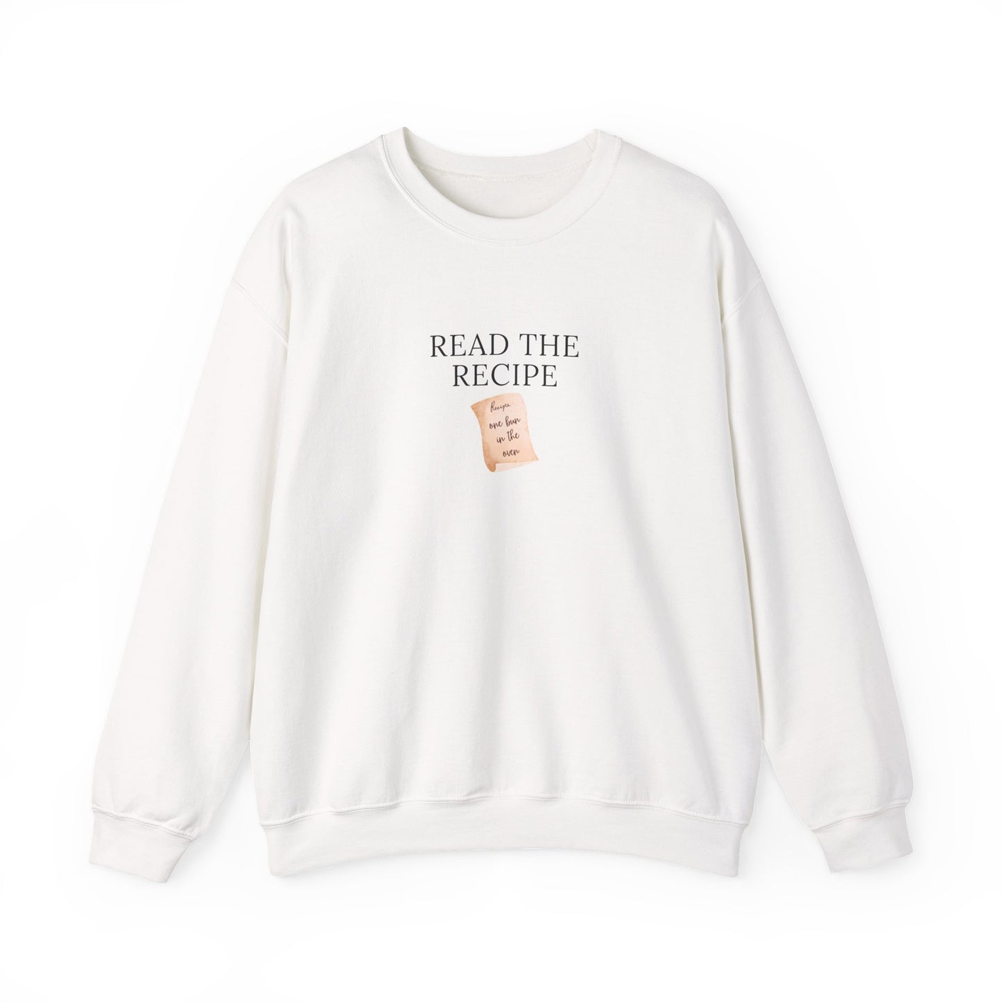 White sweatshirt with 'READ THE RECIPE' text and a graphic on a white background
