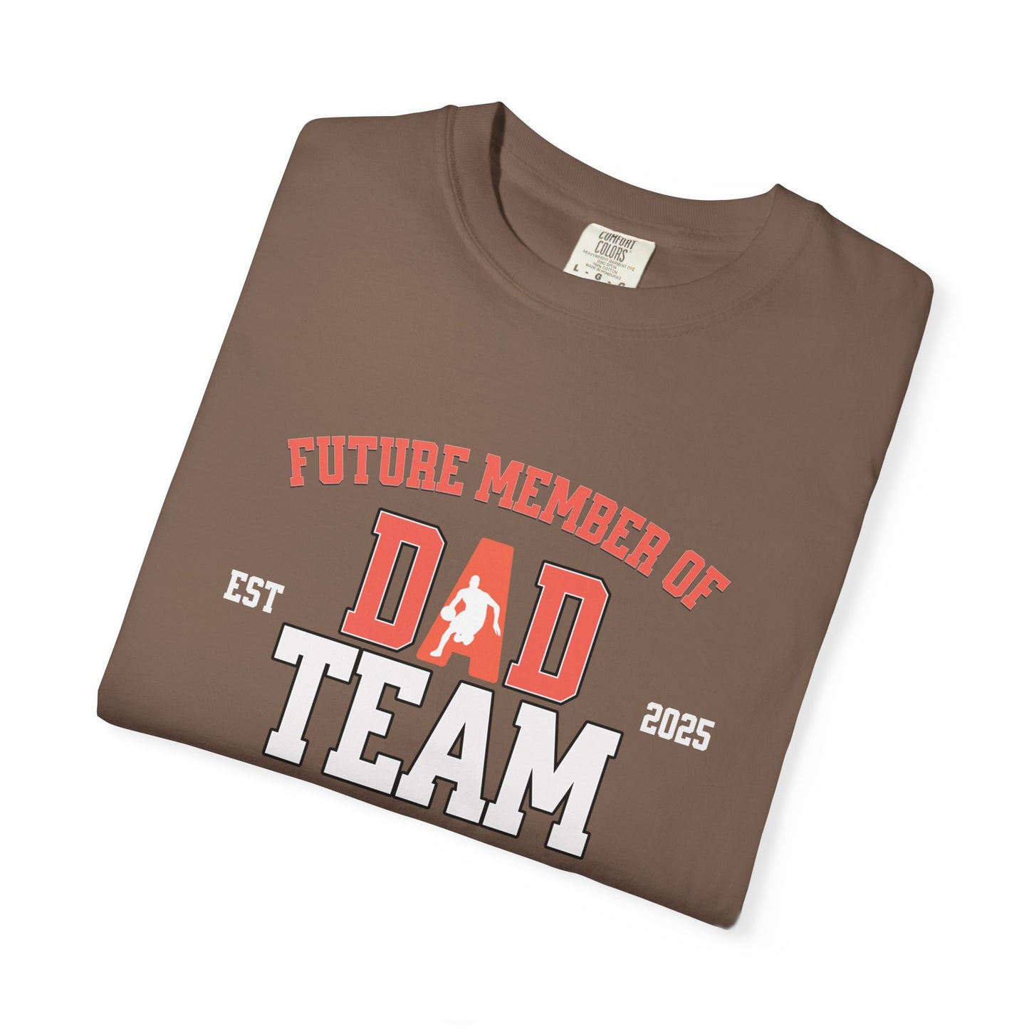 Brown t-shirt with 'Future Member of Dad Team' text on a white background