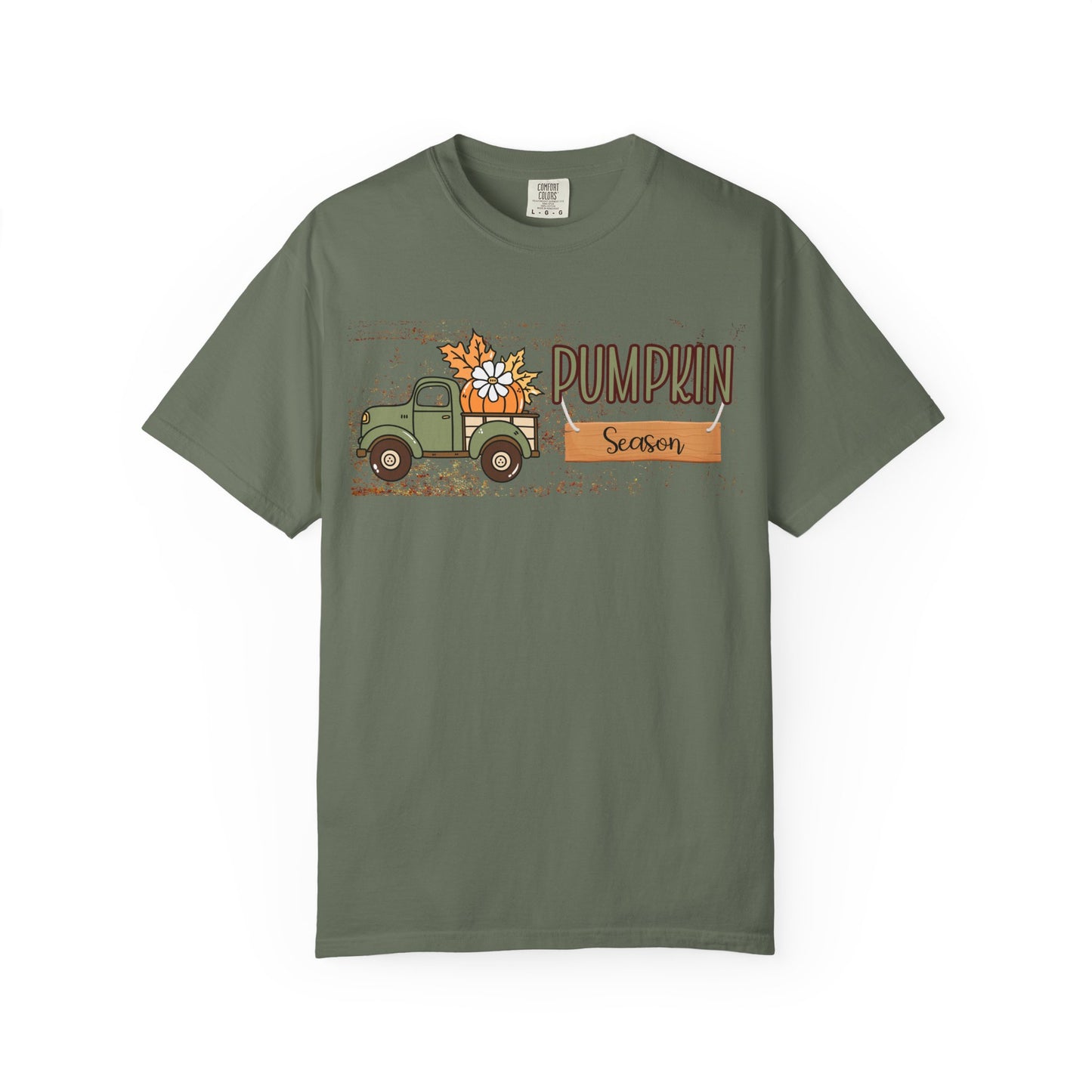 Green t-shirt with a pumpkin truck graphic and 'Pumpkin Season' text on a white background