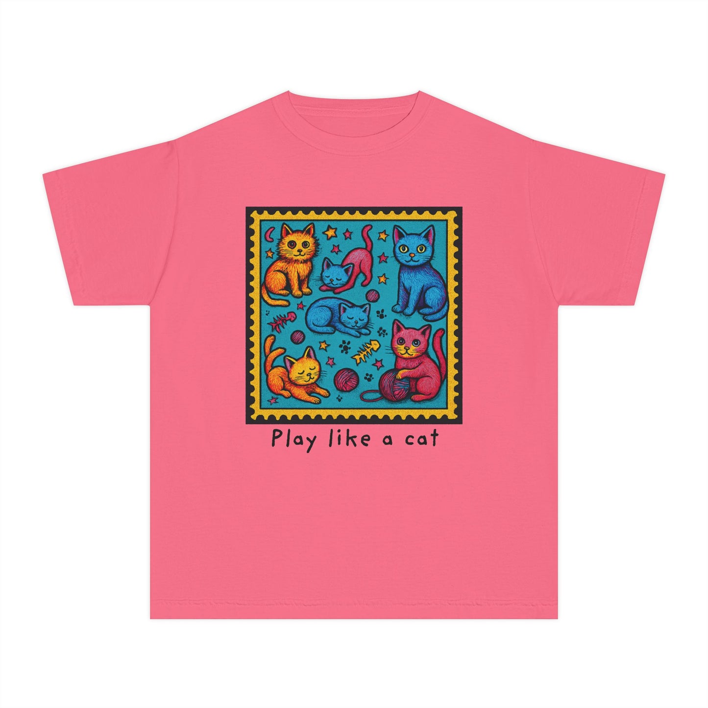 Play Like A Cat Pop Art Style Youth Tee, Comfort Colors T-Shirt for Kids, Cat Lover Gift, Graphic Print Shirt, Kitty Theme Clothing