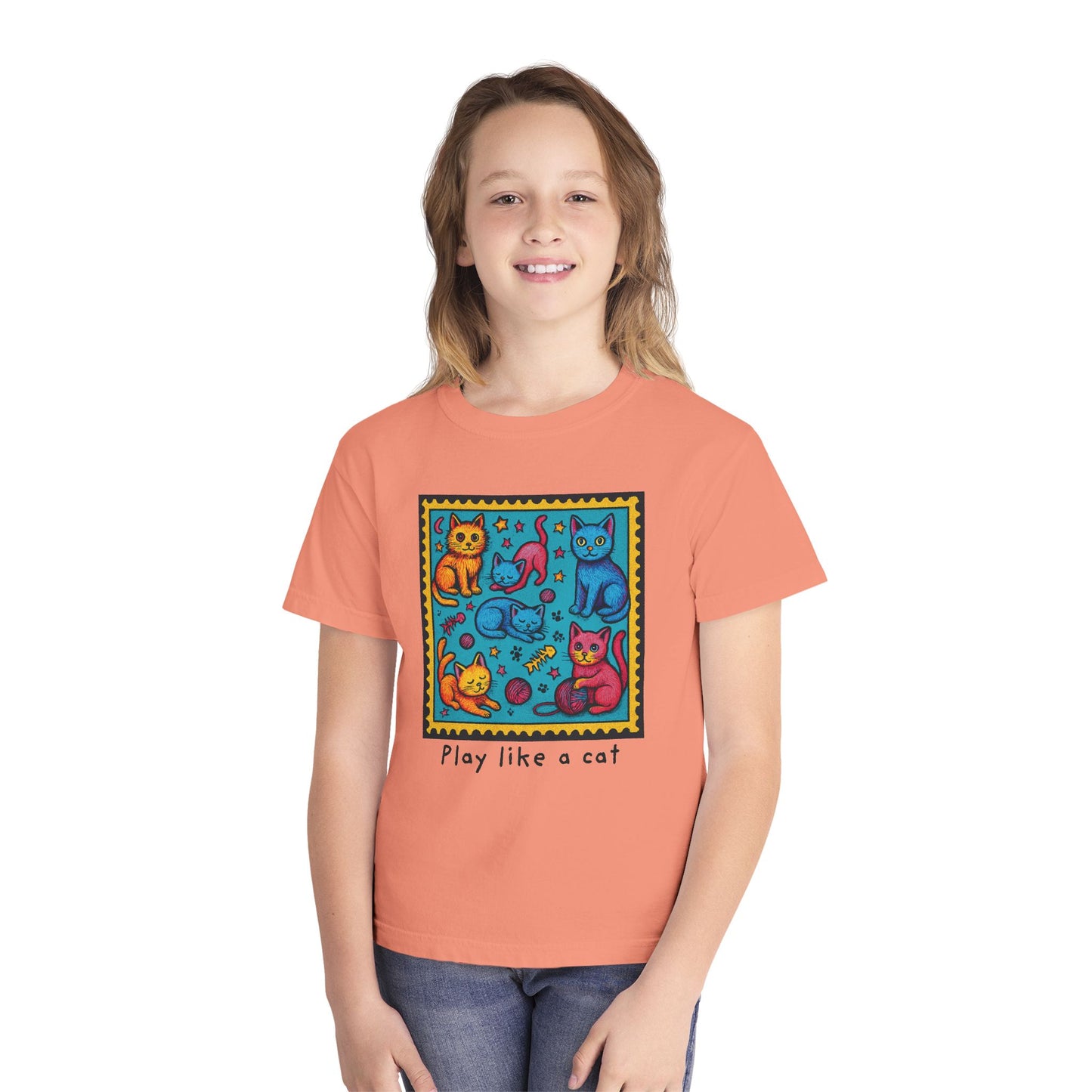 Play Like A Cat Pop Art Style Youth Tee, Comfort Colors T-Shirt for Kids, Cat Lover Gift, Graphic Print Shirt, Kitty Theme Clothing