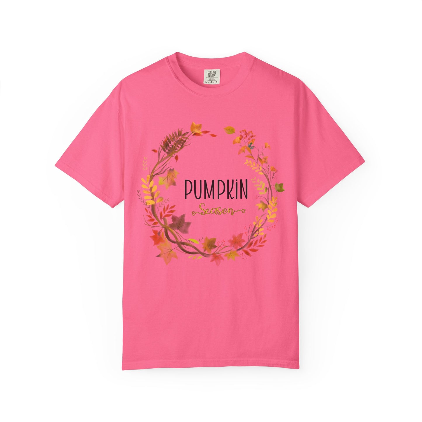 Pink t-shirt with 'Pumpkin' text and floral design on a white background