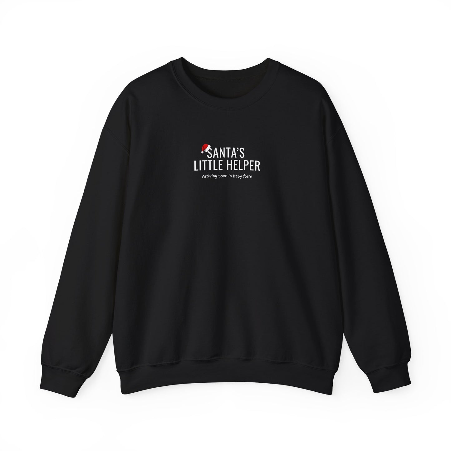 Black sweatshirt with 'Santa's Little Helper' text on a white background