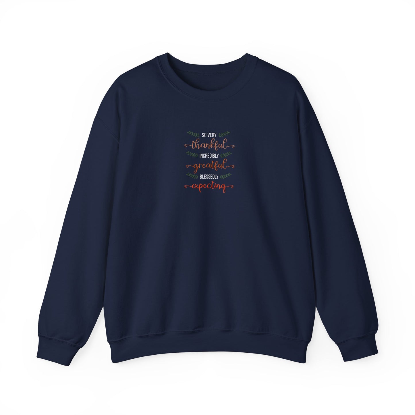 Navy blue sweatshirt with text design on a white background