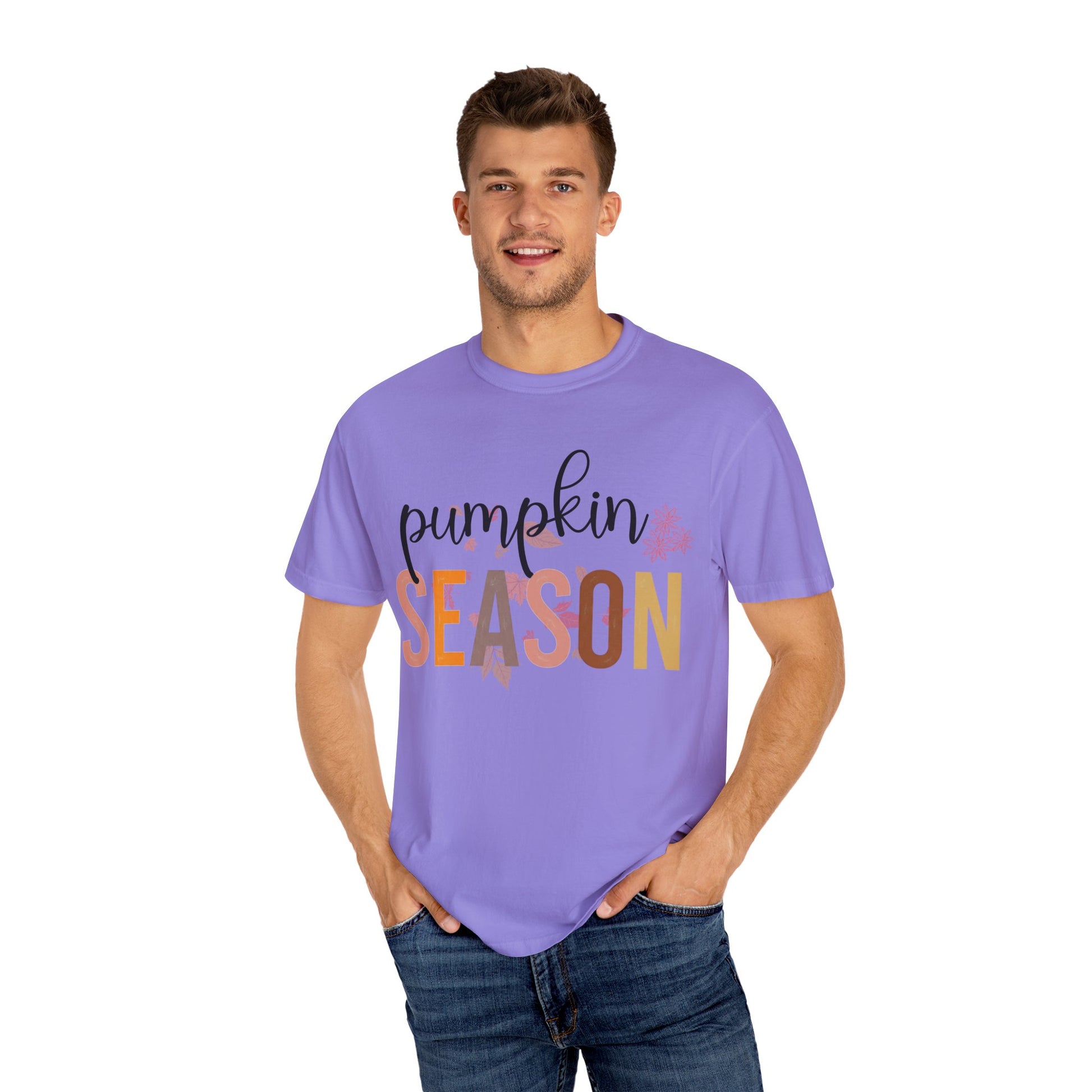 Man wearing a purple t-shirt with 'Pumpkin Season' text on a white background