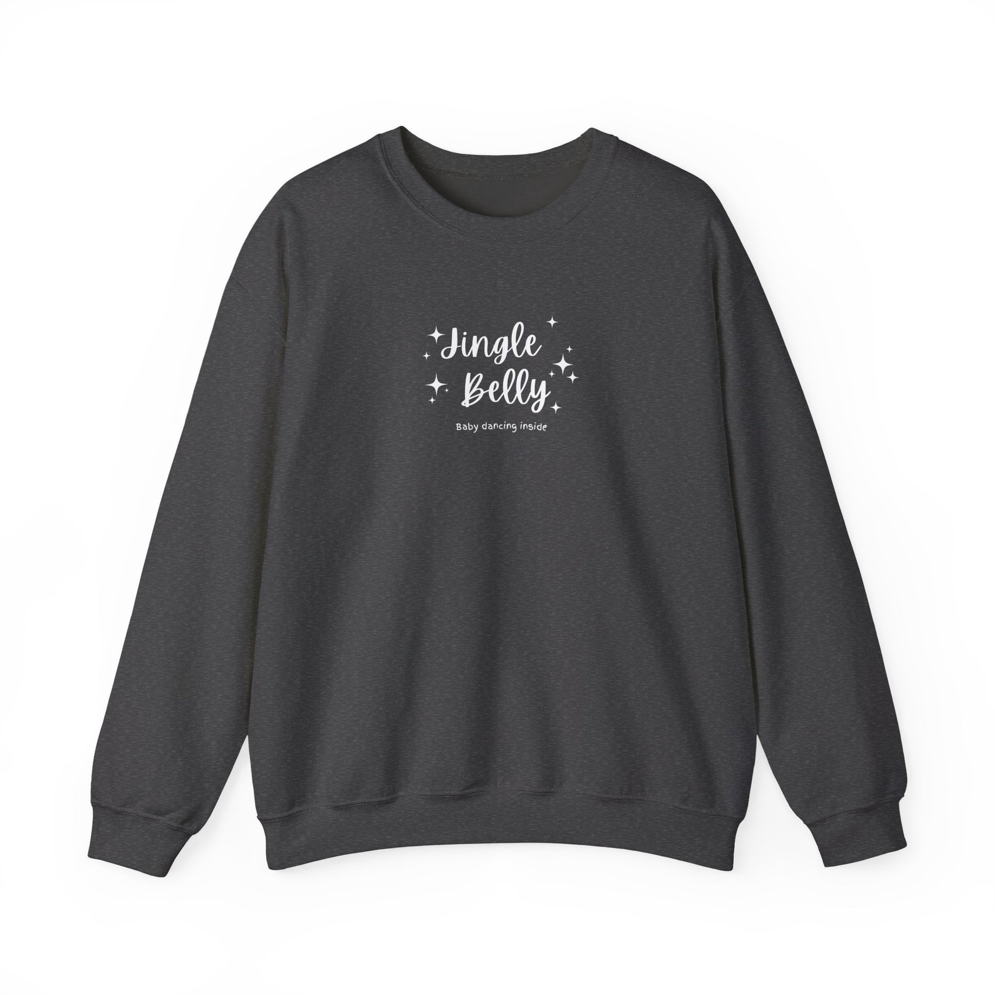 Dark gray sweatshirt with 'Jingle Belly' text on a white background