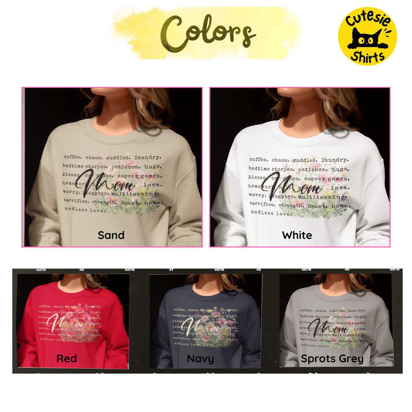 Collection of sweatshirts with 'Mom' text in various colors and designs, featuring the brand 'Cutesie Shirts'.