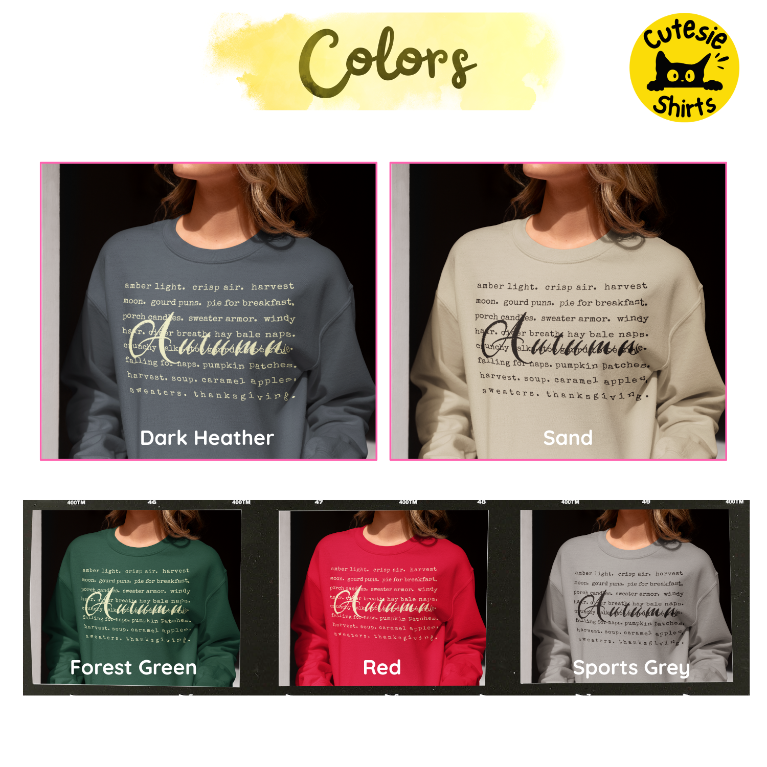 Four shirt colors shown on a person with 'Cutesie Shirts' branding.