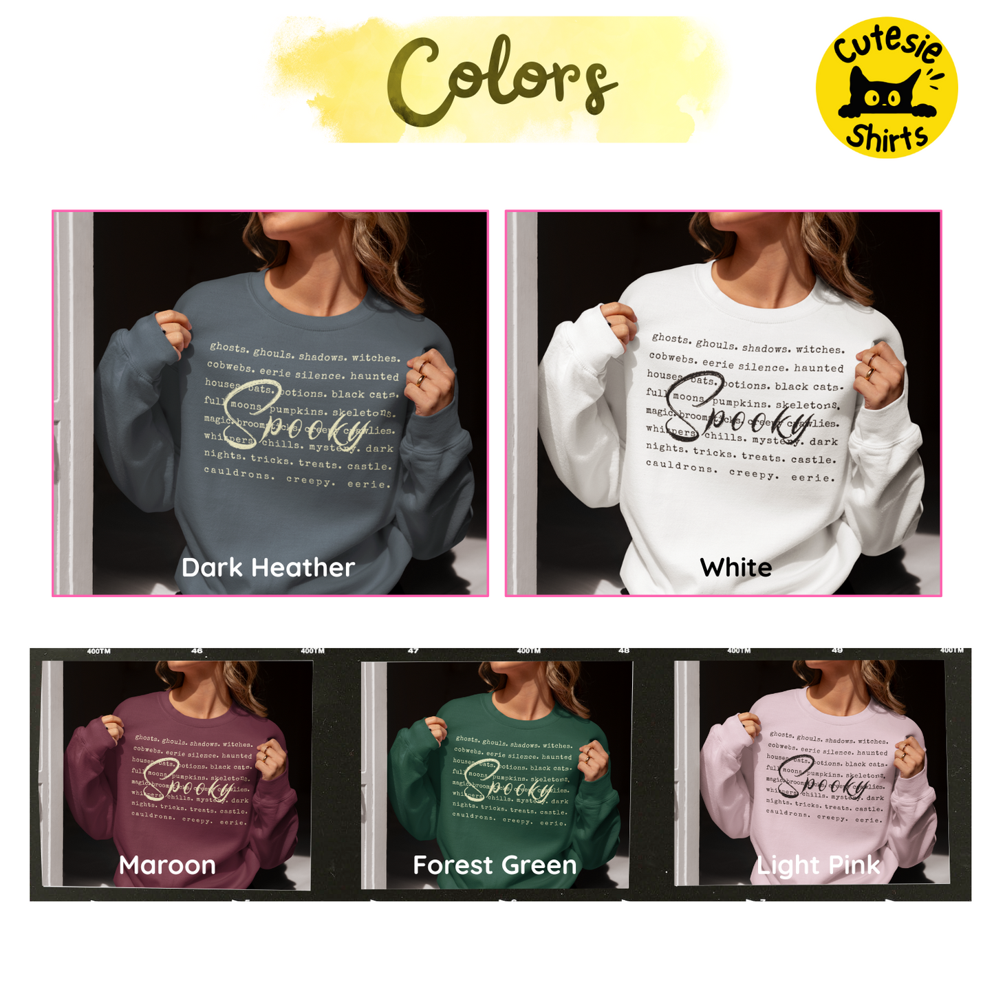 Collage of sweatshirts in different colors with 'Spooky' text, featuring the brand 'Cutesie Shirts'.