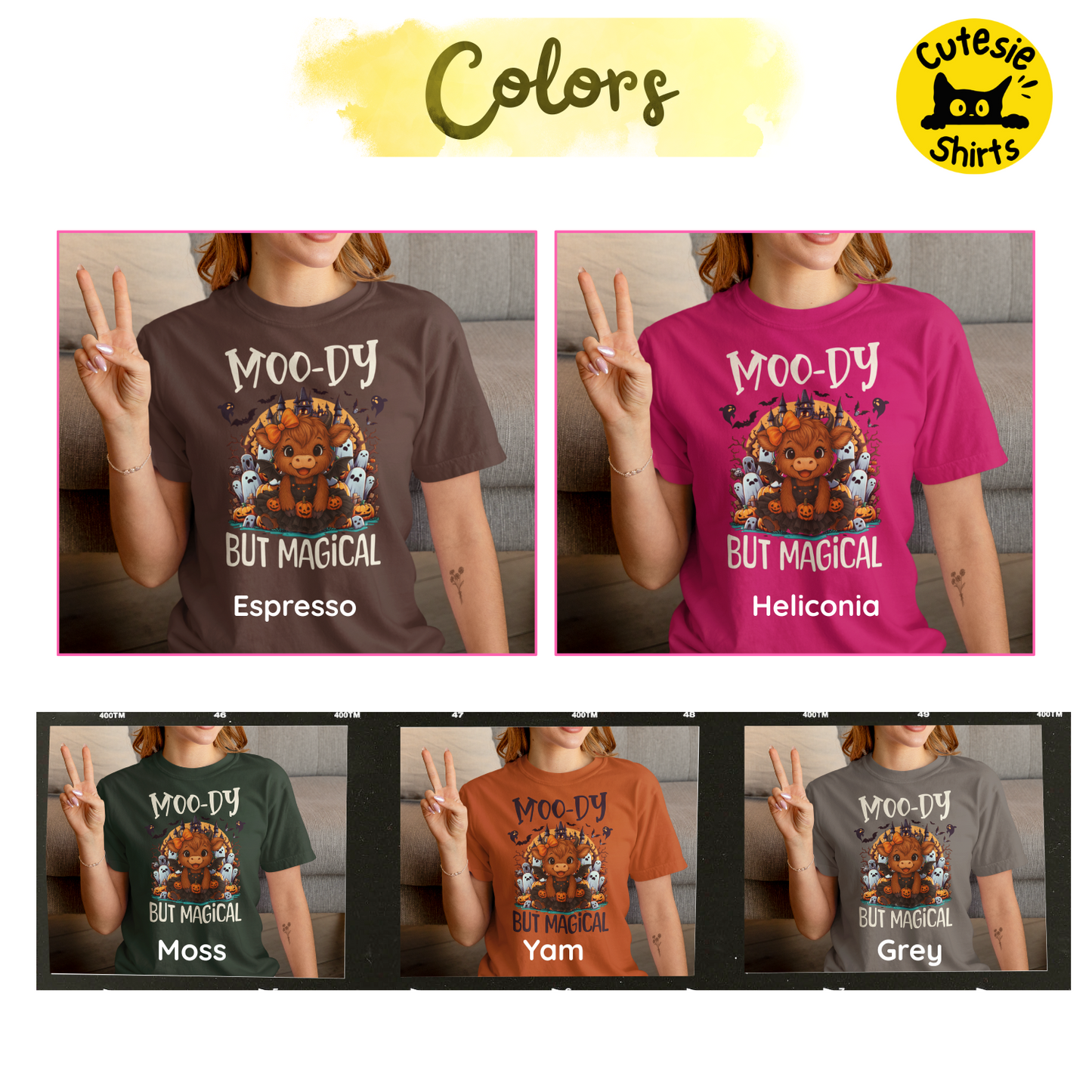 Collection of t-shirts with 'Moo-dy But Magical' design in various colors worn by a person.