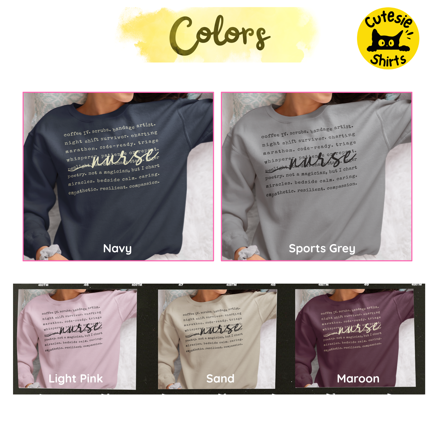 Collage of sweatshirts in different colors with 'nurse' text, branded as 'Cutesie Shirts'.