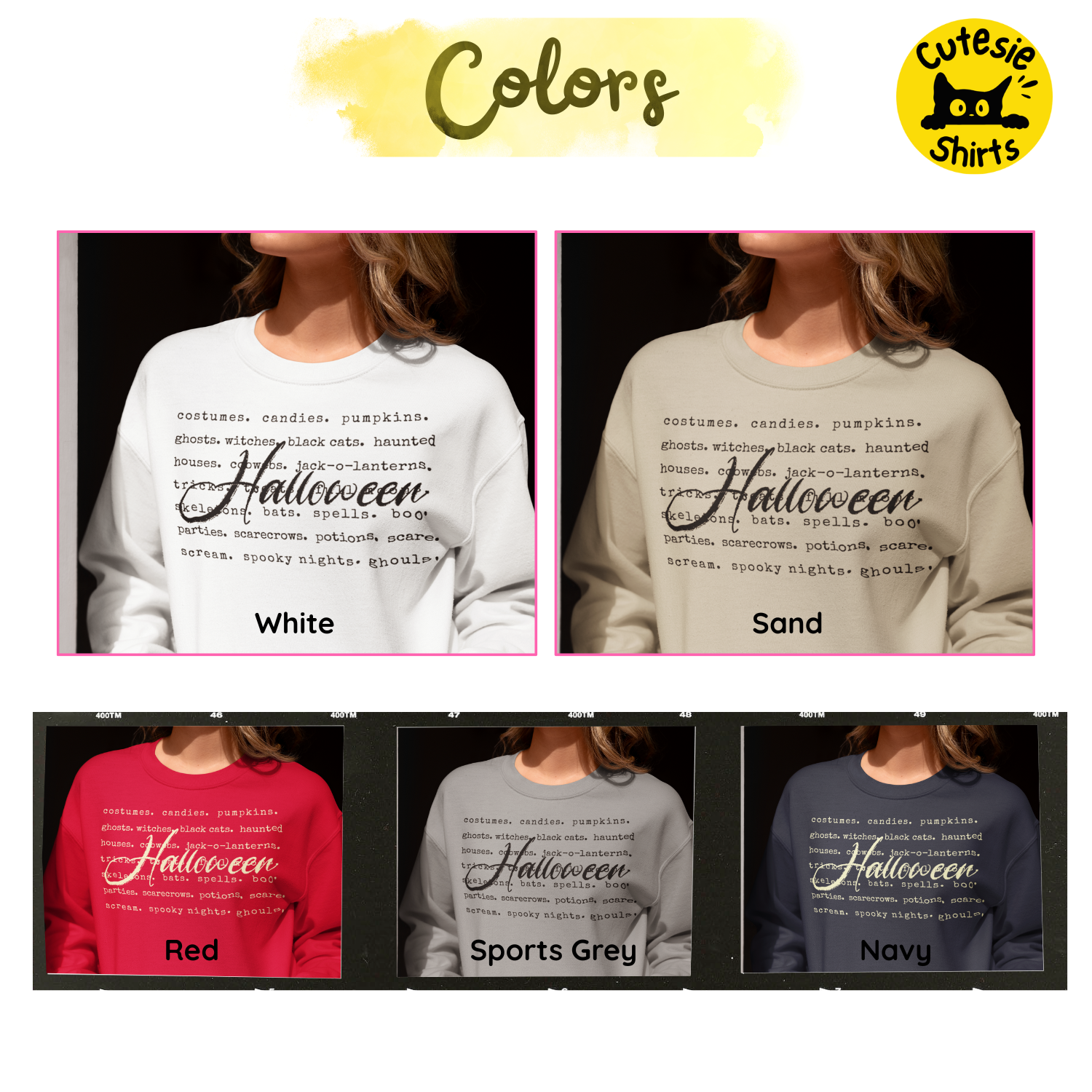 Collage of Halloween-themed sweatshirts in different colors with 'Cutesie Shirts' branding.