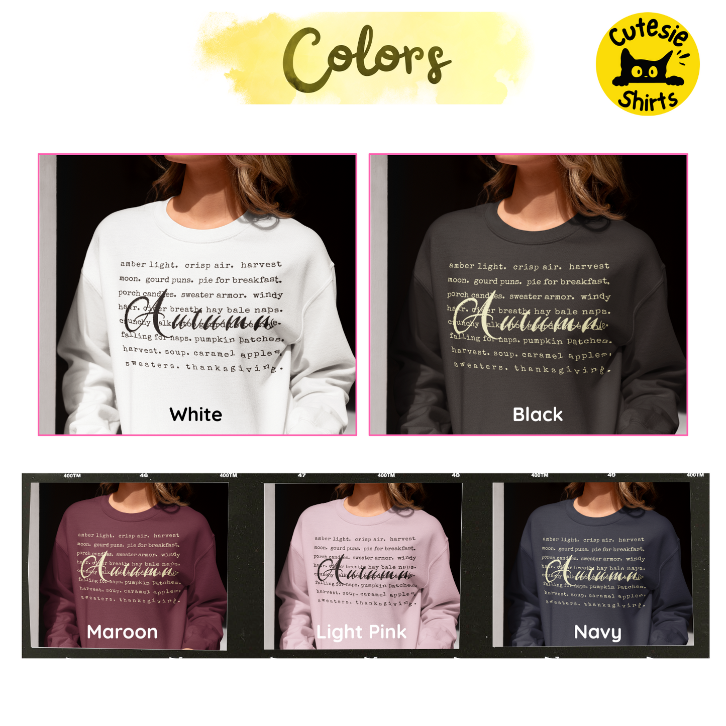 Sweatshirts in white, black, maroon, light pink, and navy with 'Autumn' text design, branded as 'Cutesie Shirts'.