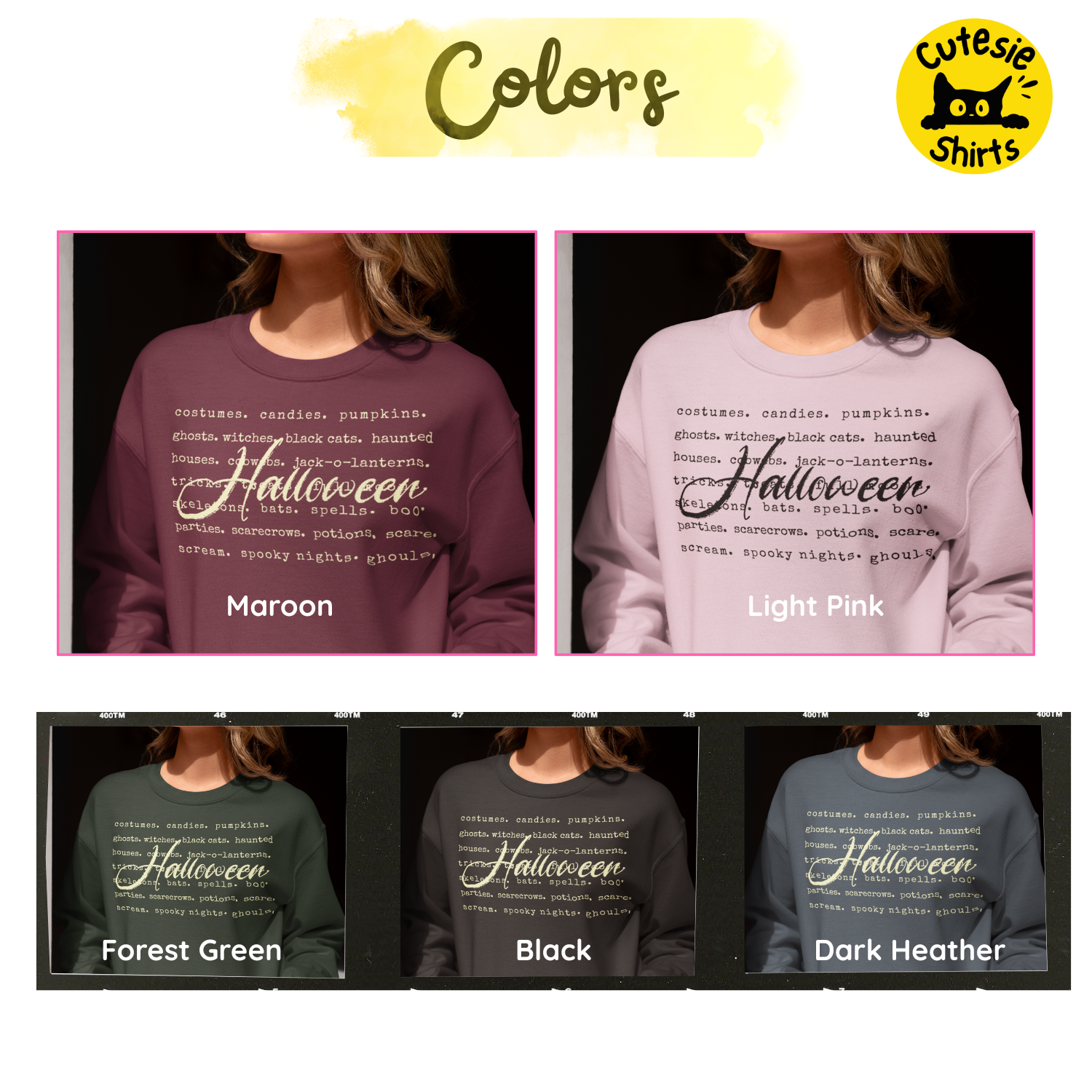 Halloween-themed sweatshirts in various colors with 'Cutesie Shirts' branding.