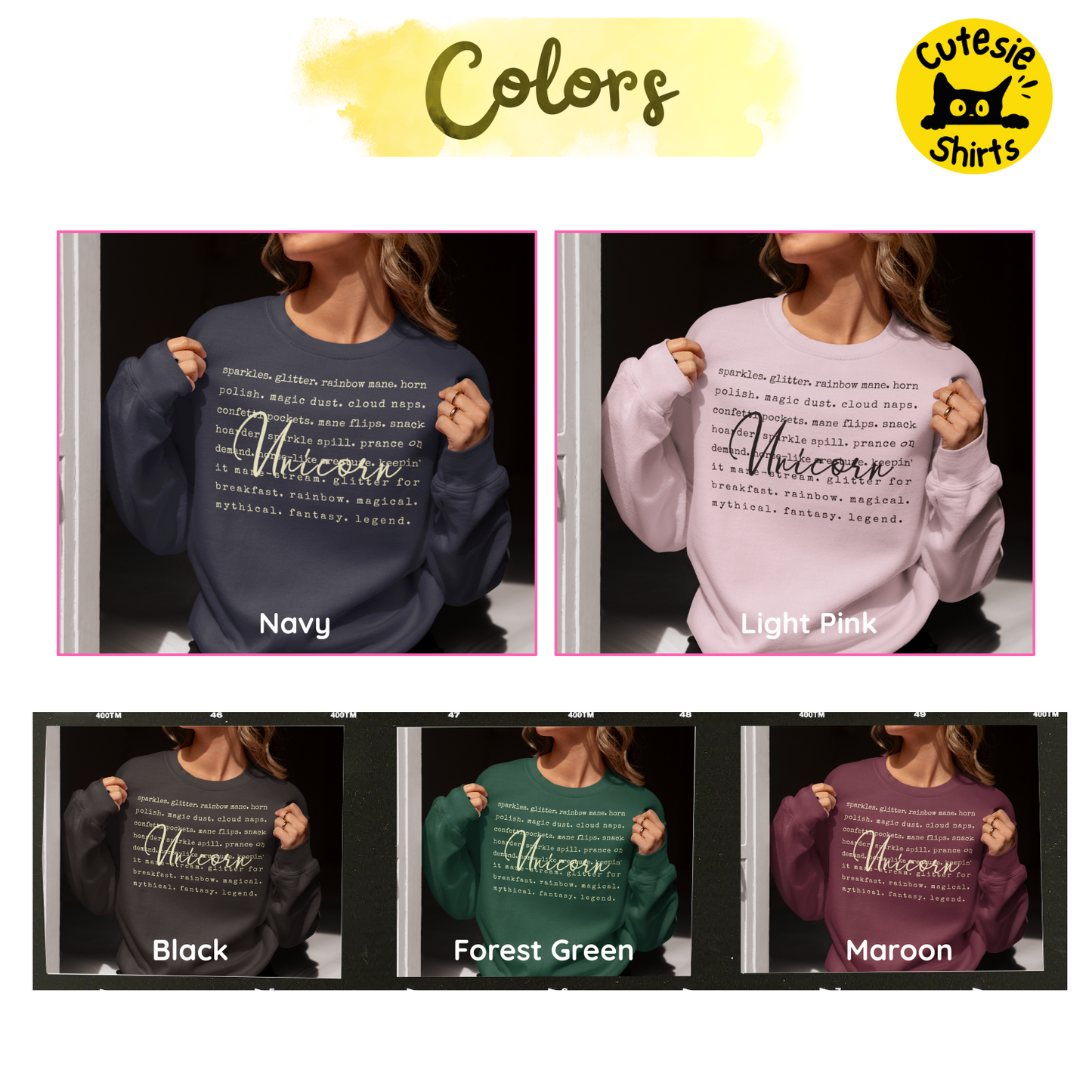 Collage of five sweatshirts in different colors with 'Unicorn' text, labeled 'Cutesie Shirts'.