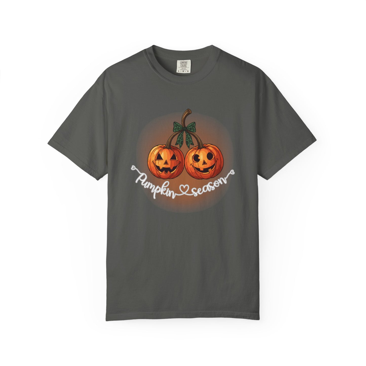Gray t-shirt with Halloween-themed design of two pumpkins and 'Pumpkin Season' text on a white background.