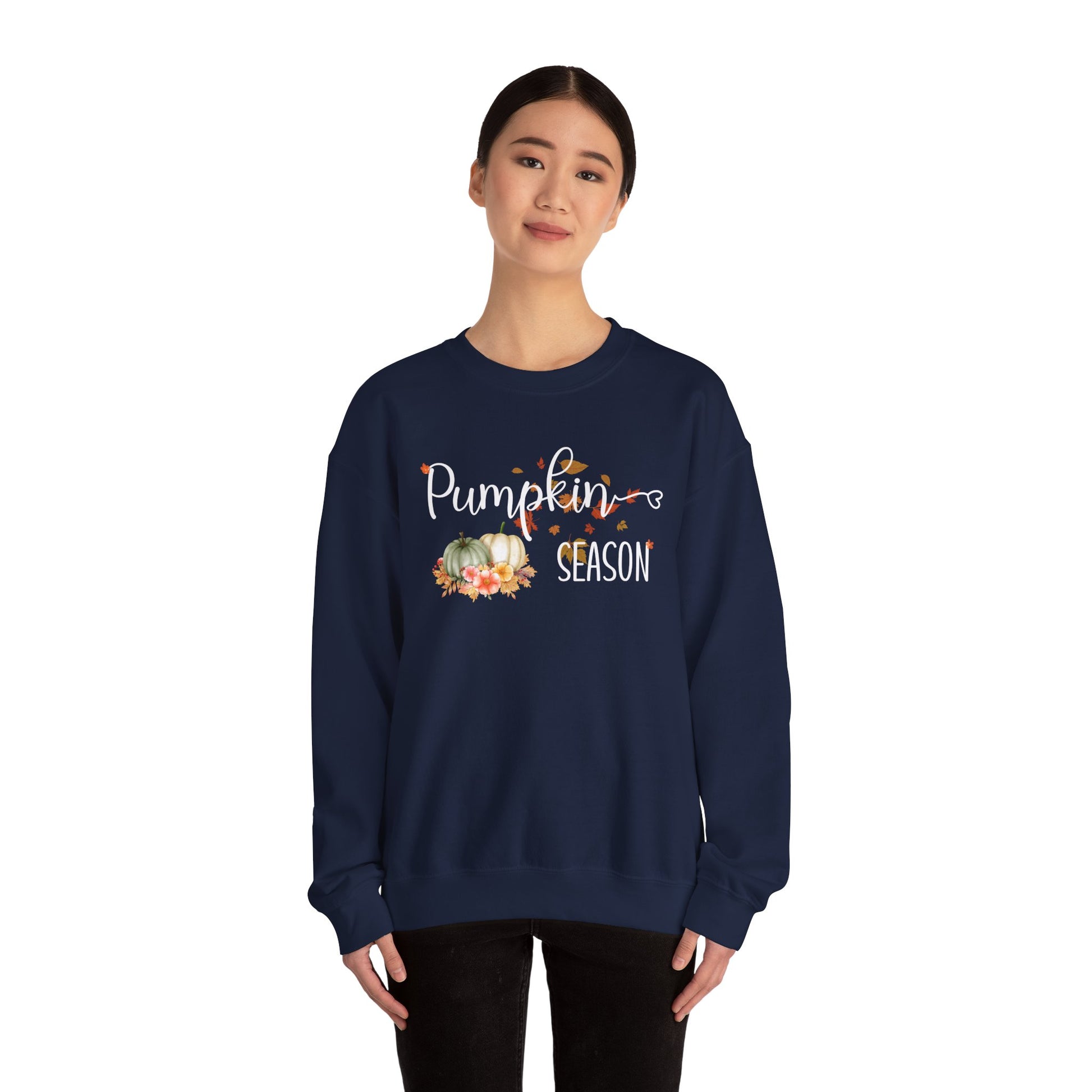 Navy blue sweatshirt with 'Pumpkin Season' text and pumpkins design on a white background