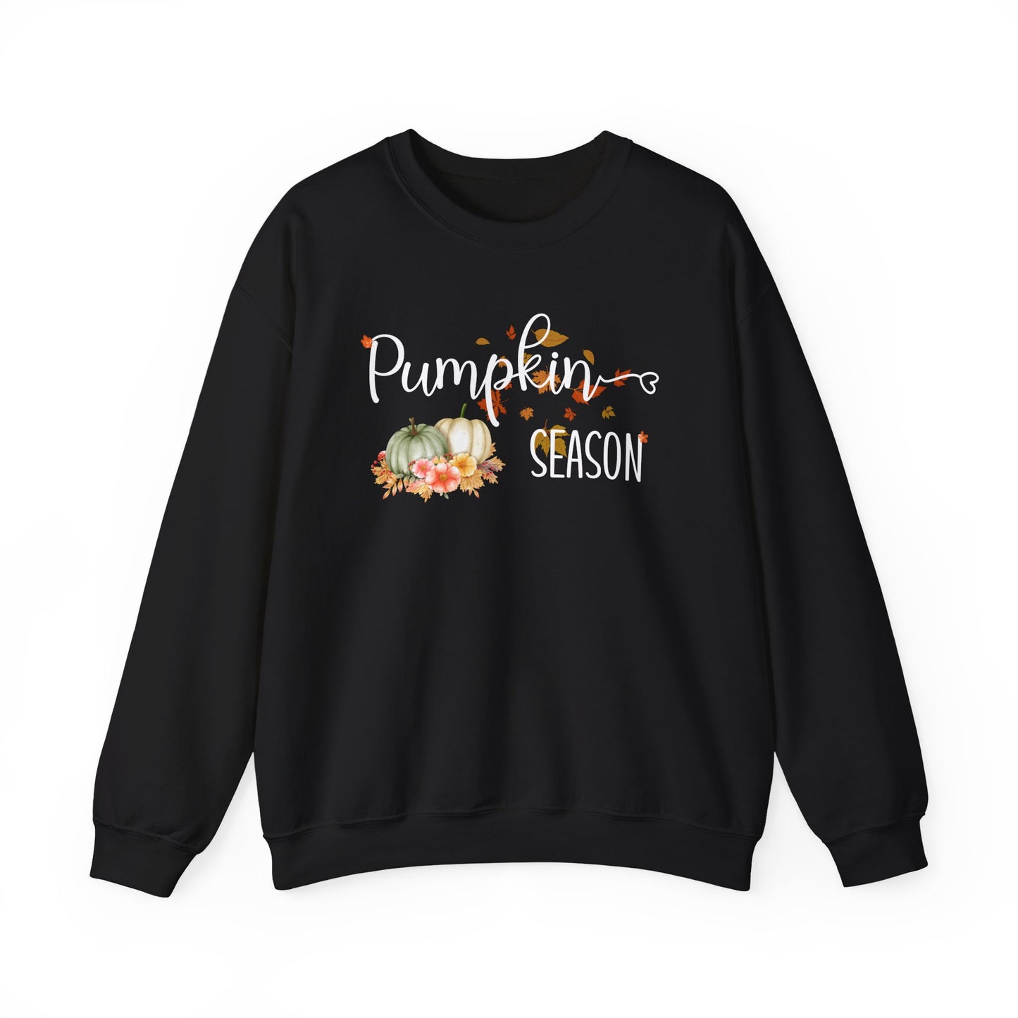 Black sweatshirt with 'Pumpkin Season' text and pumpkin graphics on a white background