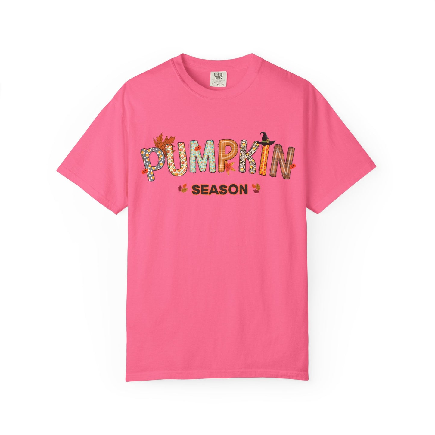 Pink t-shirt with 'Pumpkin Season' text on a white background
