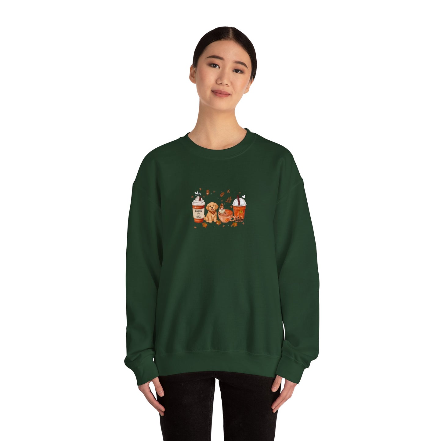 Person wearing a green sweatshirt with a graphic design on a white background